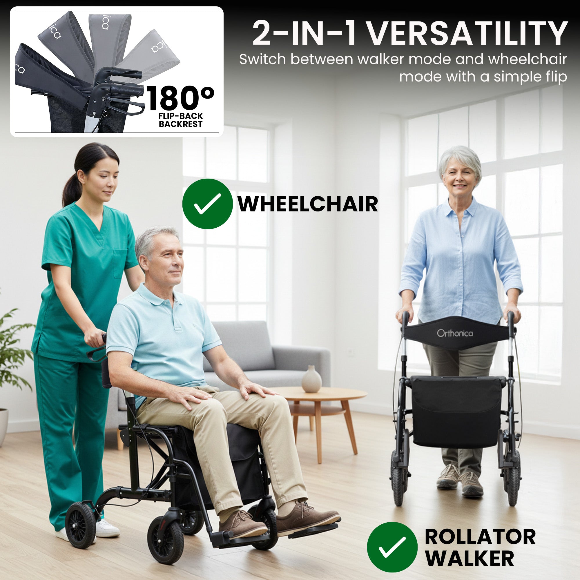 Orthonica Aluminium 2-in-1 Rollator Wheelchair with Foldable Frame – Black & Silver