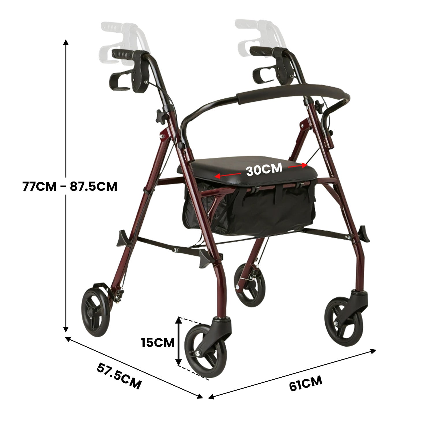 Foldable Steel Rollator Walker, Double Brakes, Adjustable