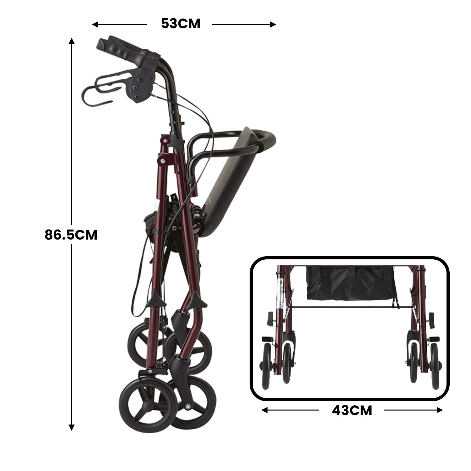 Foldable Steel Rollator Walker, Double Brakes, Adjustable