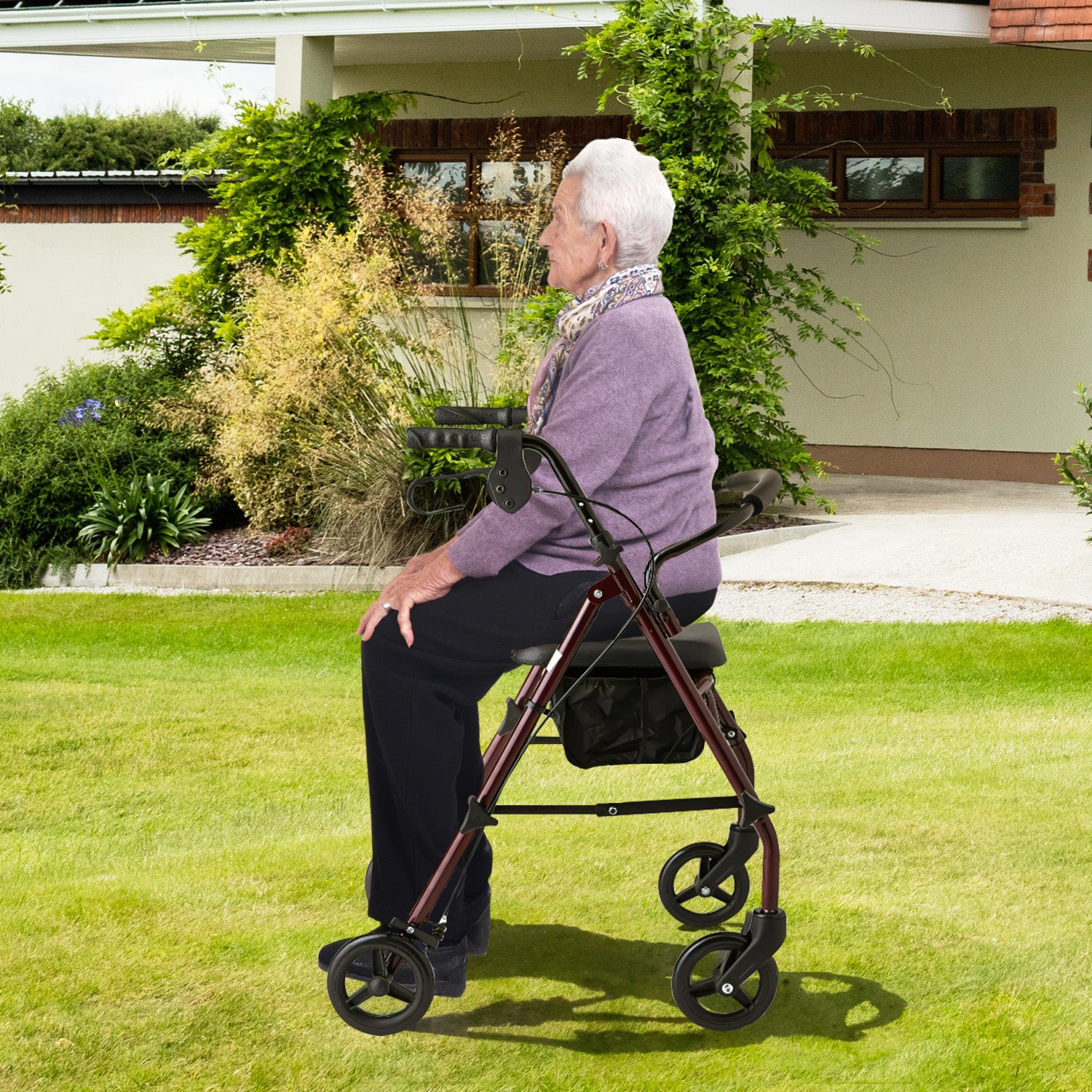 Foldable Steel Rollator Walker, Double Brakes, Adjustable