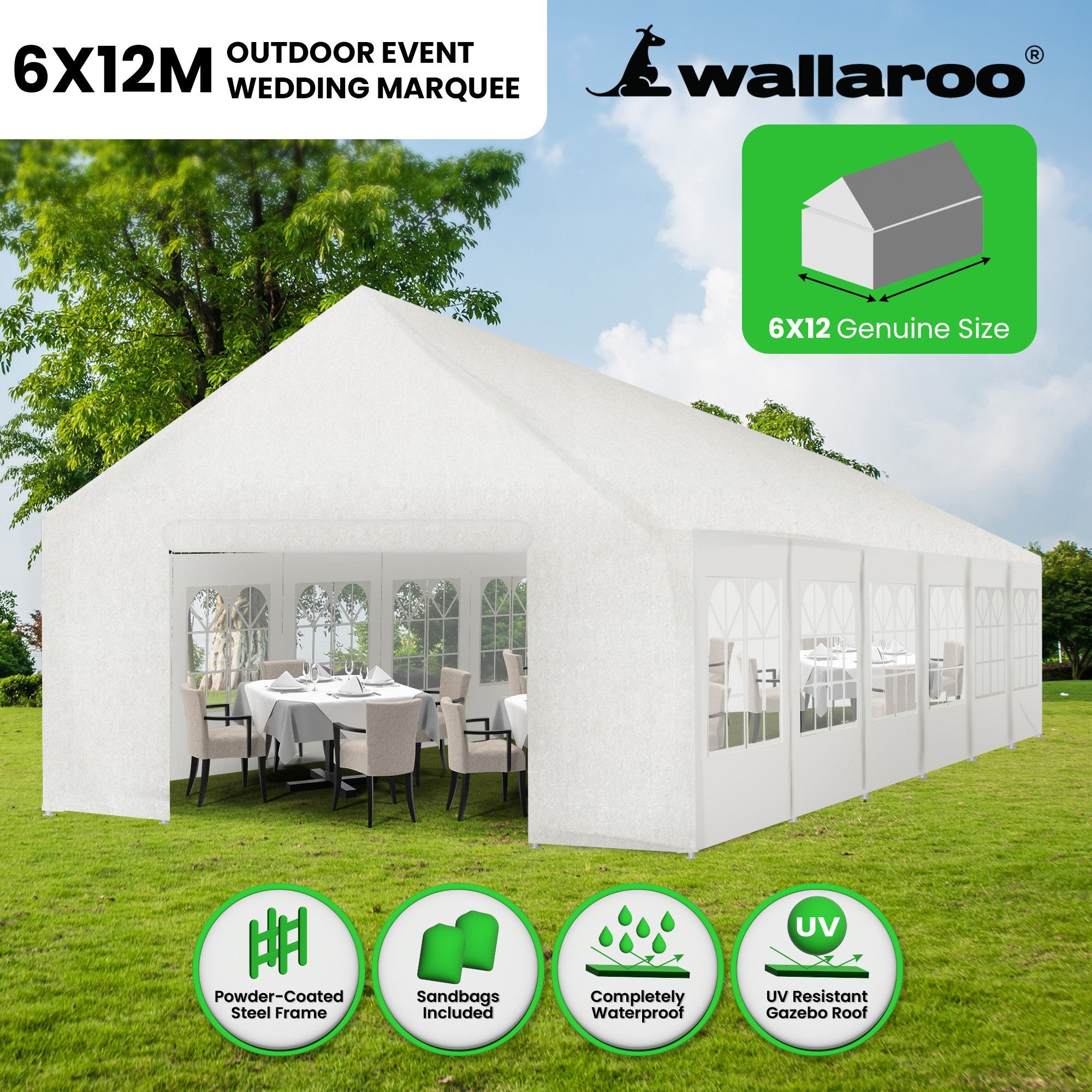 Waterproof 12m x 6m Outdoor Event Marquee Tent, Steel Frame