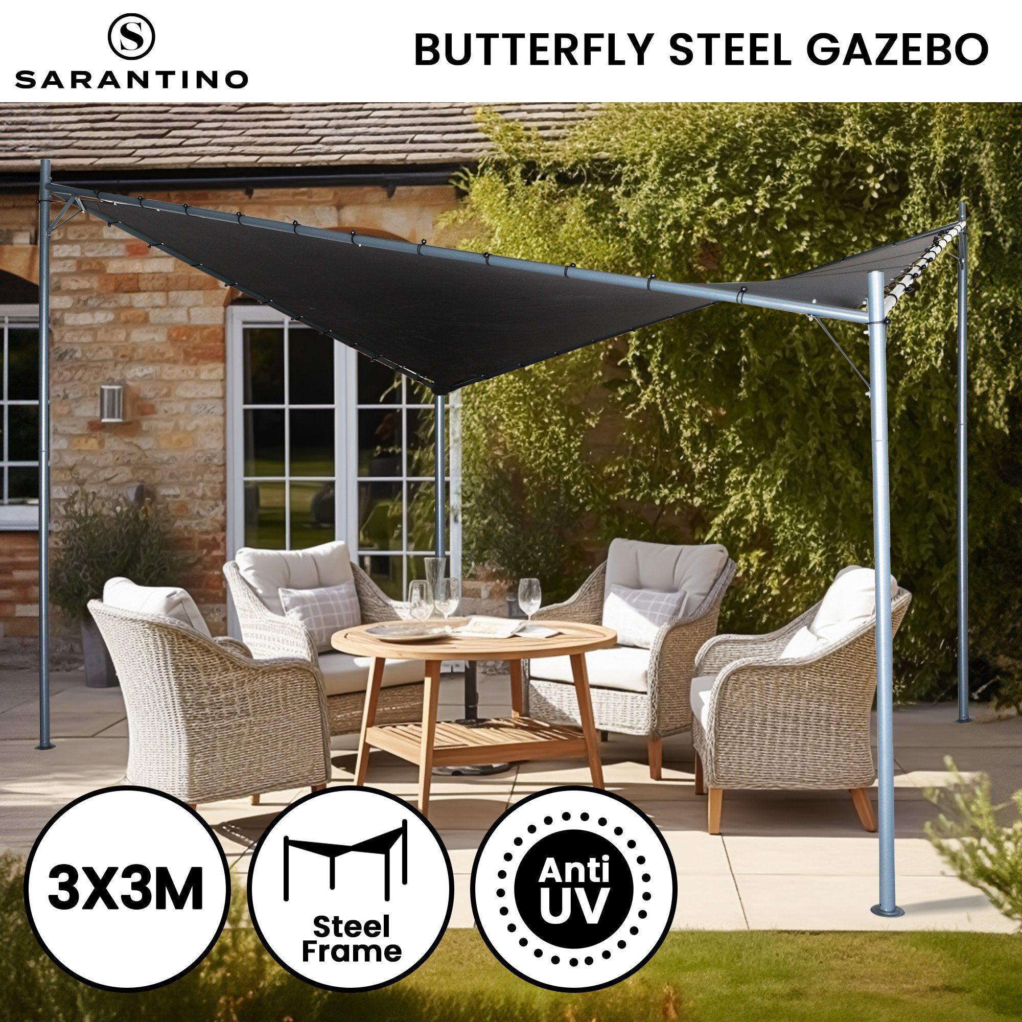 Butterfly Design 3x3m Steel Gazebo, UPF 50+, Charcoal