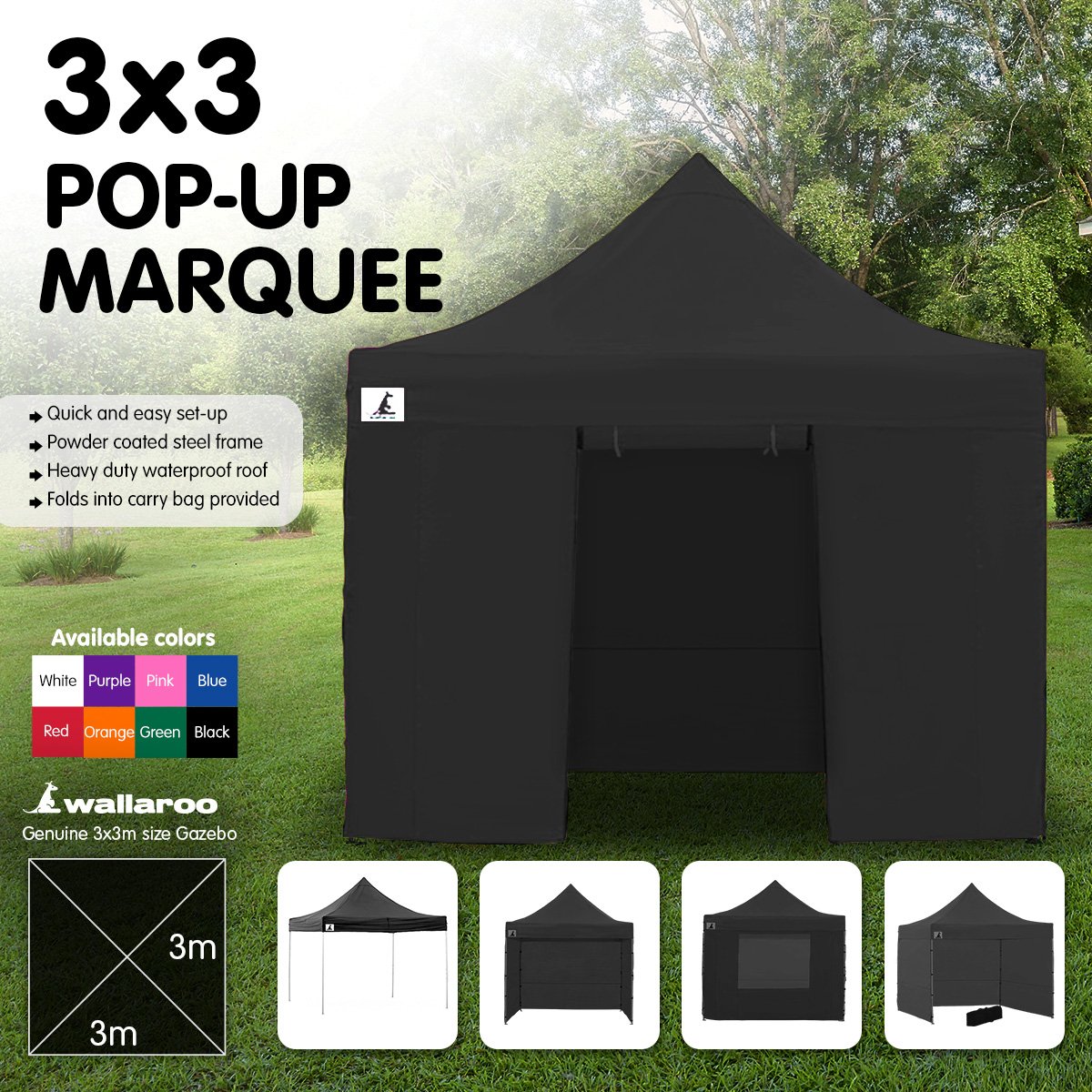 Heavy Duty 3x3 Pop-Up Gazebo Tent, Black, Wallaroo