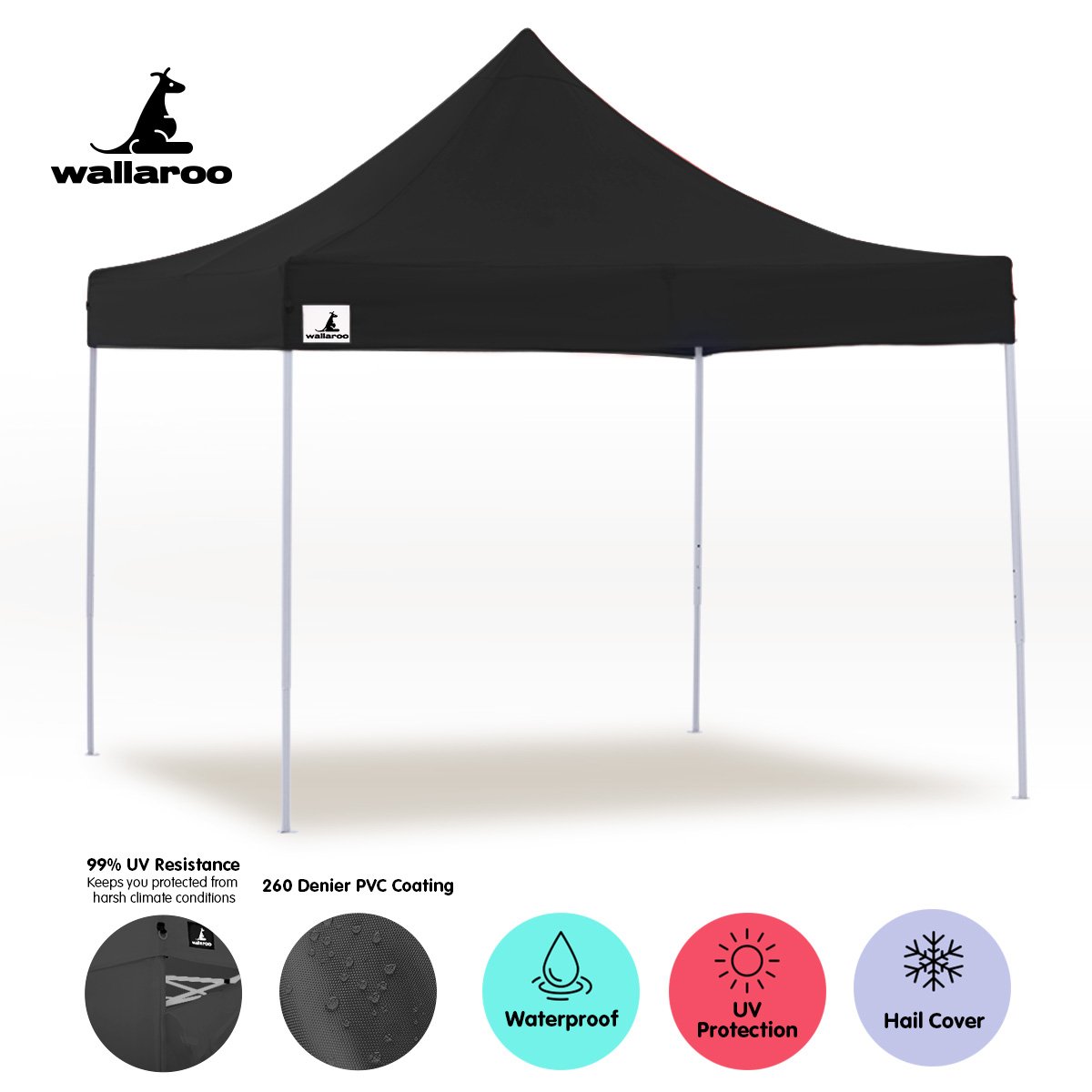 Heavy Duty 3x3 Pop-Up Gazebo Tent, Black, Wallaroo