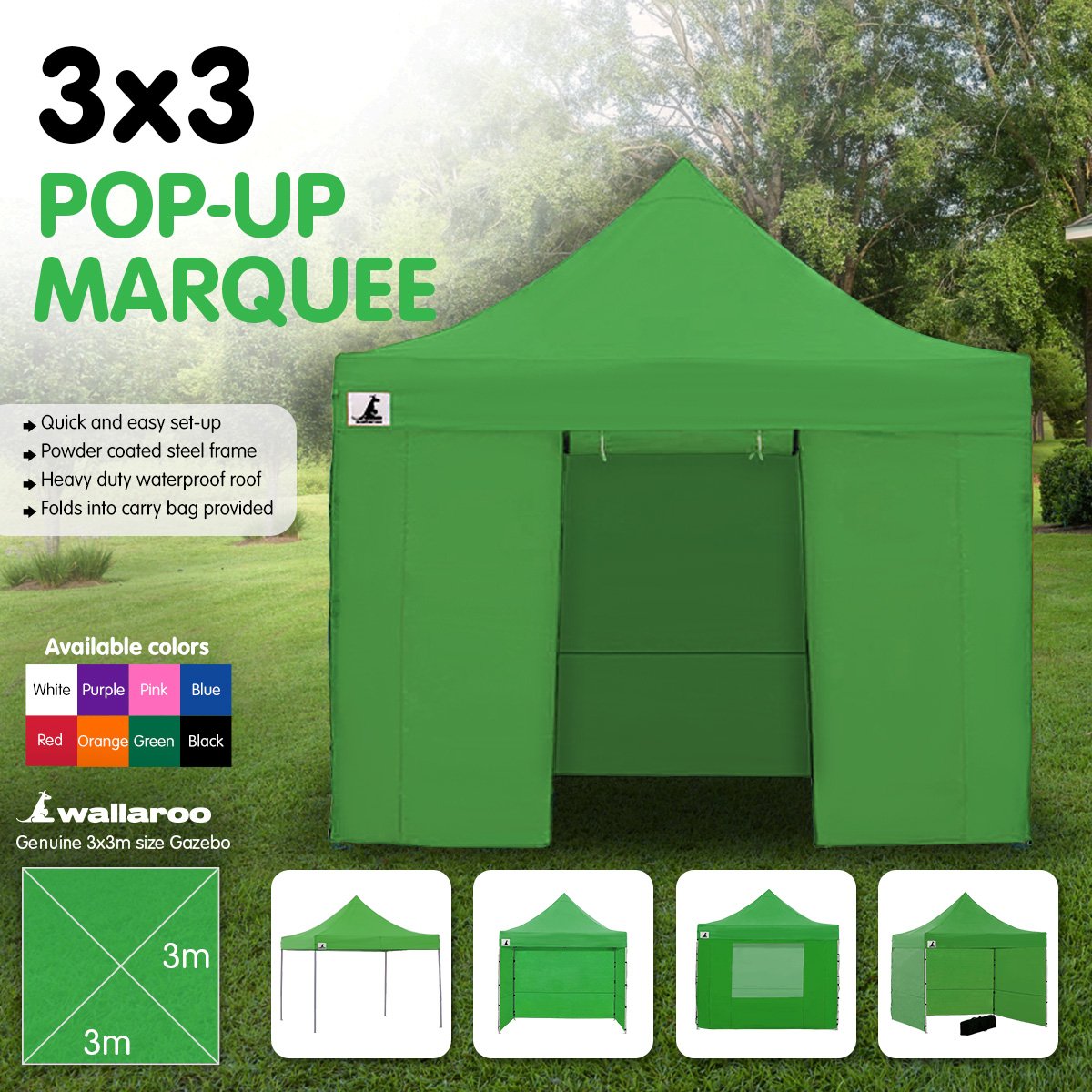 Easy Set-Up 3x3m Gazebo Tent with Steel Frame - Wallaroo