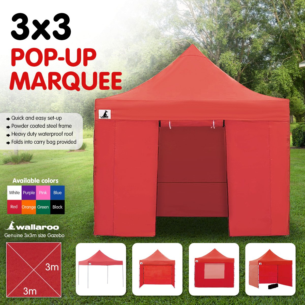 Quick-Setup Waterproof 3x3 Steel Gazebo Tent, Red - Wallaroo