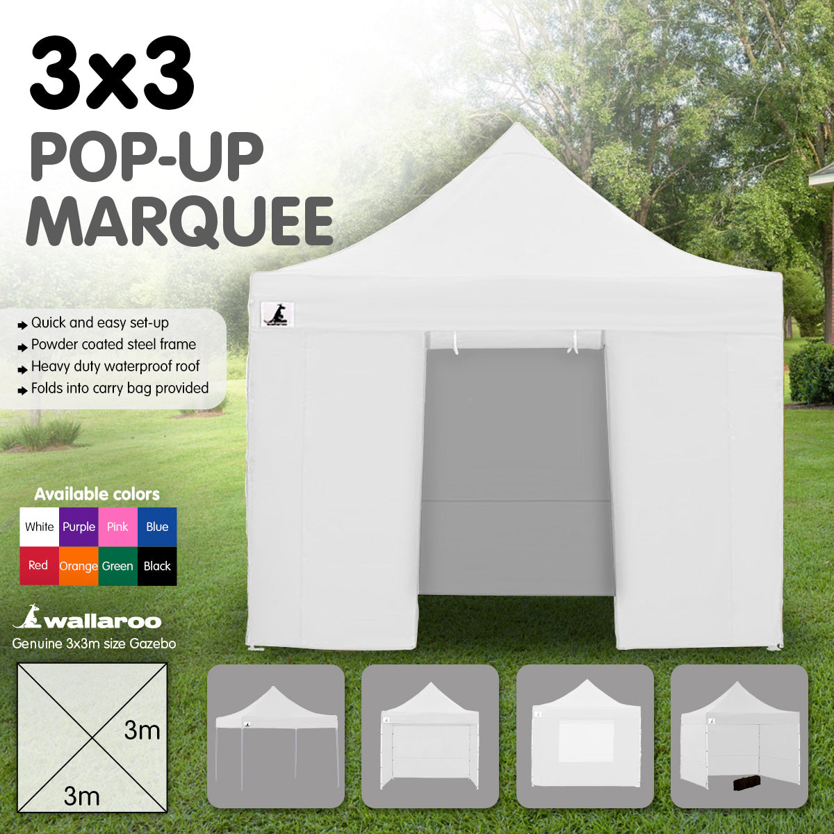 Quick Set-up 3x3 Pop-Up Gazebo Tent w/ Steel Frame - Wallaroo