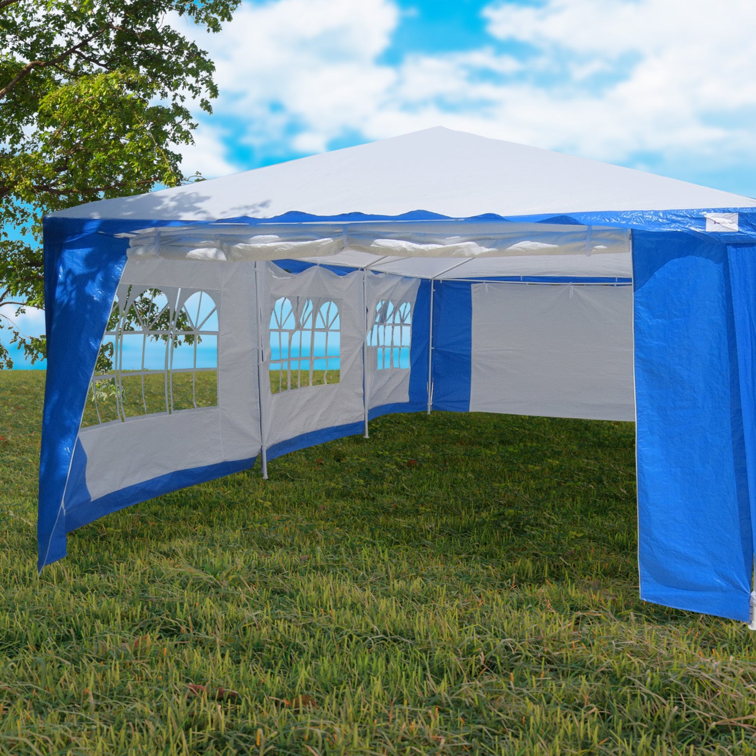 Blue 4x8m PE UV Tent with Windows & Doors - Wallaroo