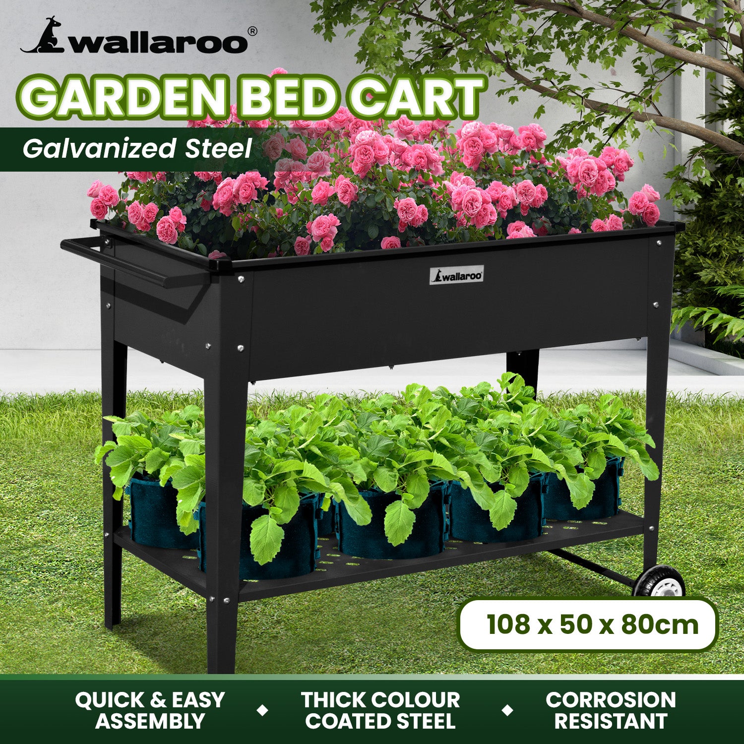 Portable Galvanized Steel Garden Bed w/ Shelf & Wheels, Wallaroo