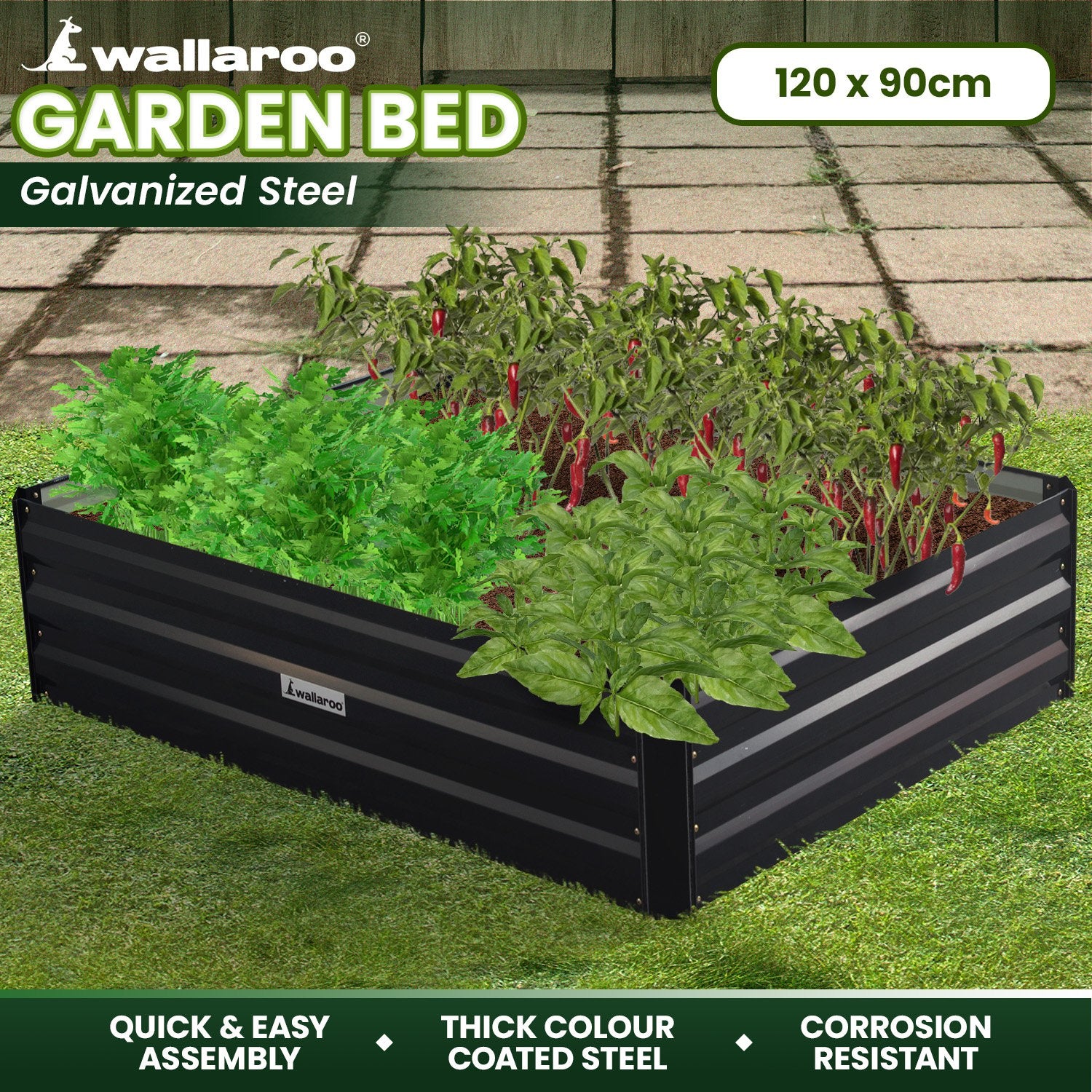 Galvanized Steel Garden Bed, 120x90x30cm, Black - Wallaroo