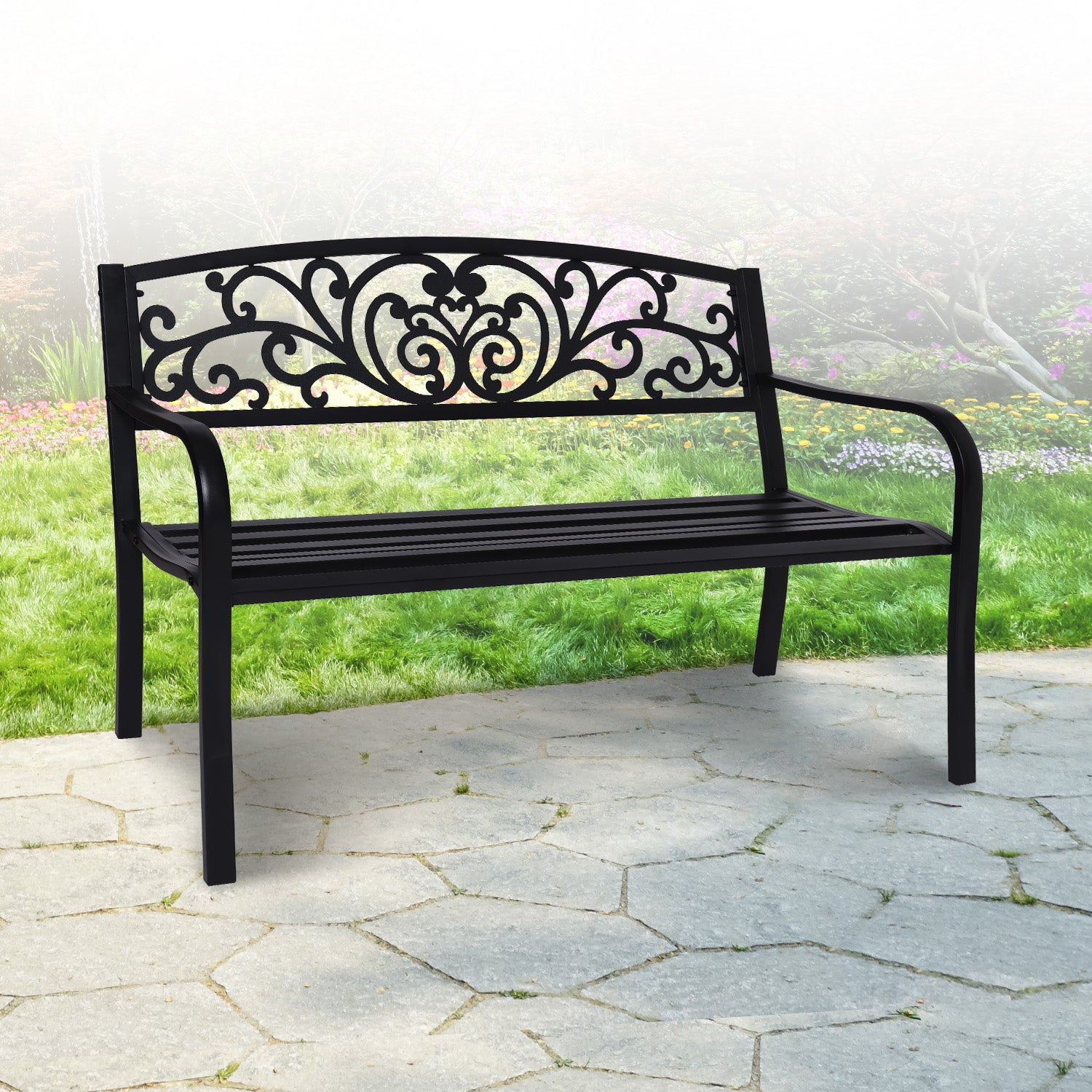 Weather-Resistant Steel Garden Bench, Floral, Cast Iron - Wallaroo