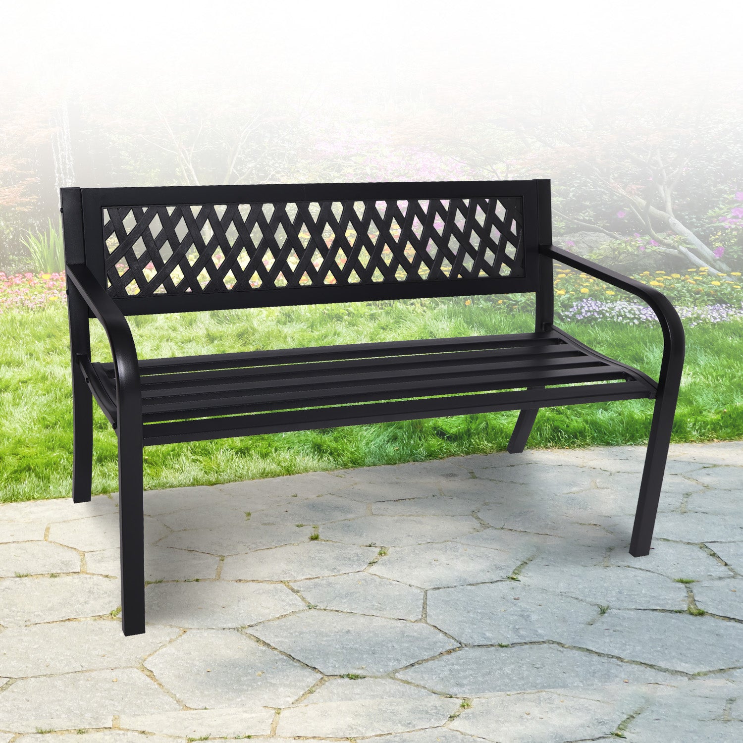 Weather-Resistant Steel Garden Bench - Cast Iron Backrest Wallaroo