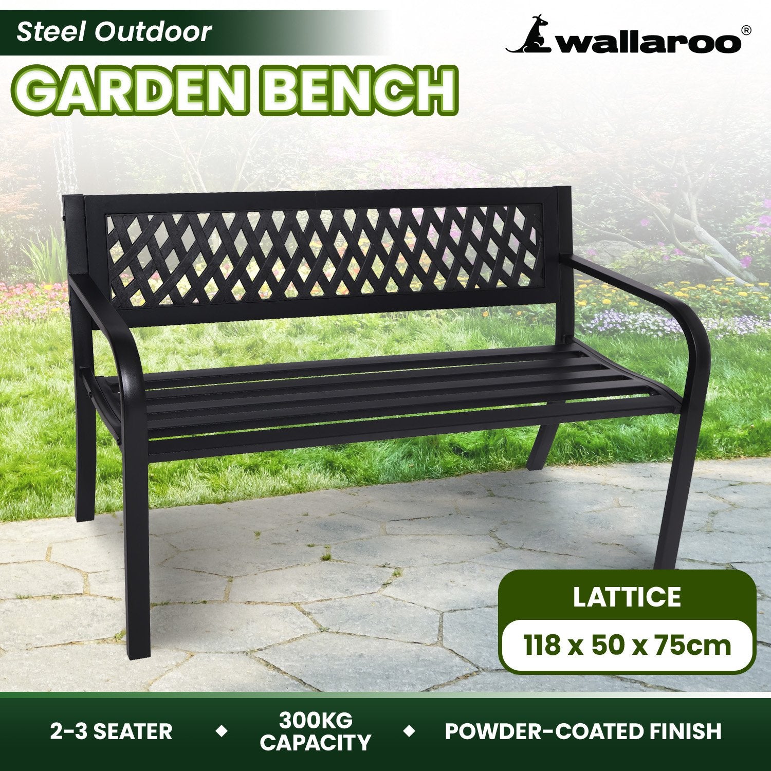 Weather-Resistant Steel Garden Bench - Cast Iron Backrest Wallaroo