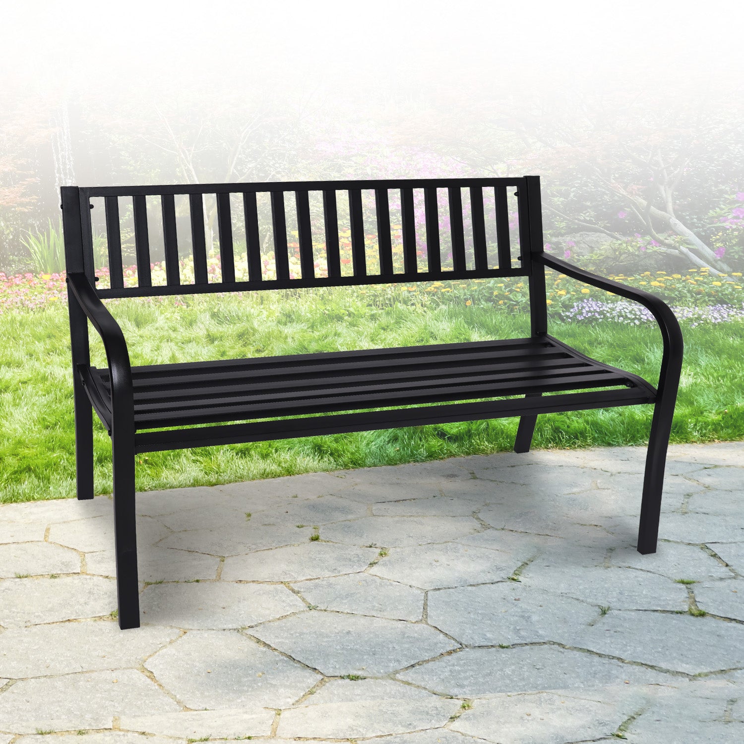 Weather-Resistant Steel Garden Bench, Cast Iron Backrest - Wallaroo