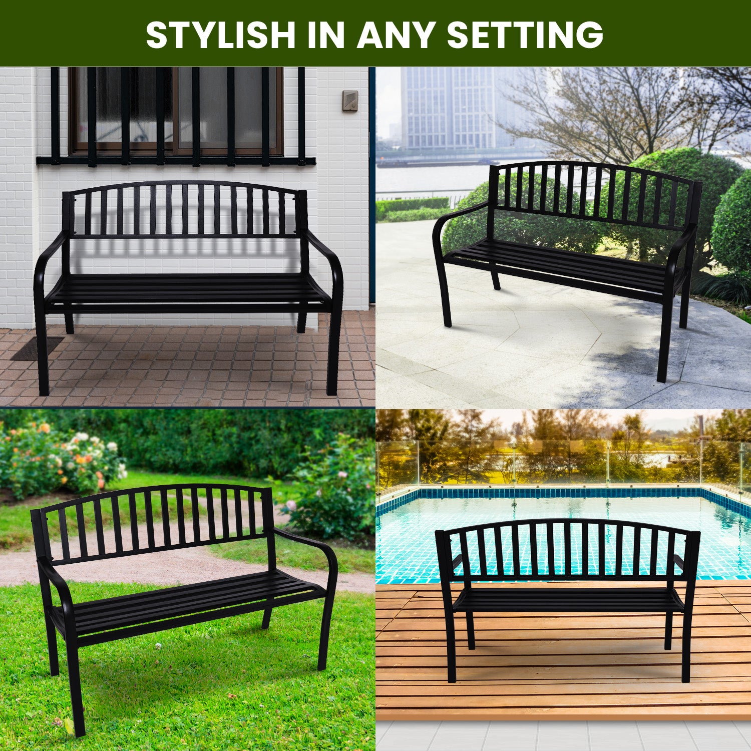 Weather-Resistant Steel Garden Bench, 3-Seater - Wallaroo