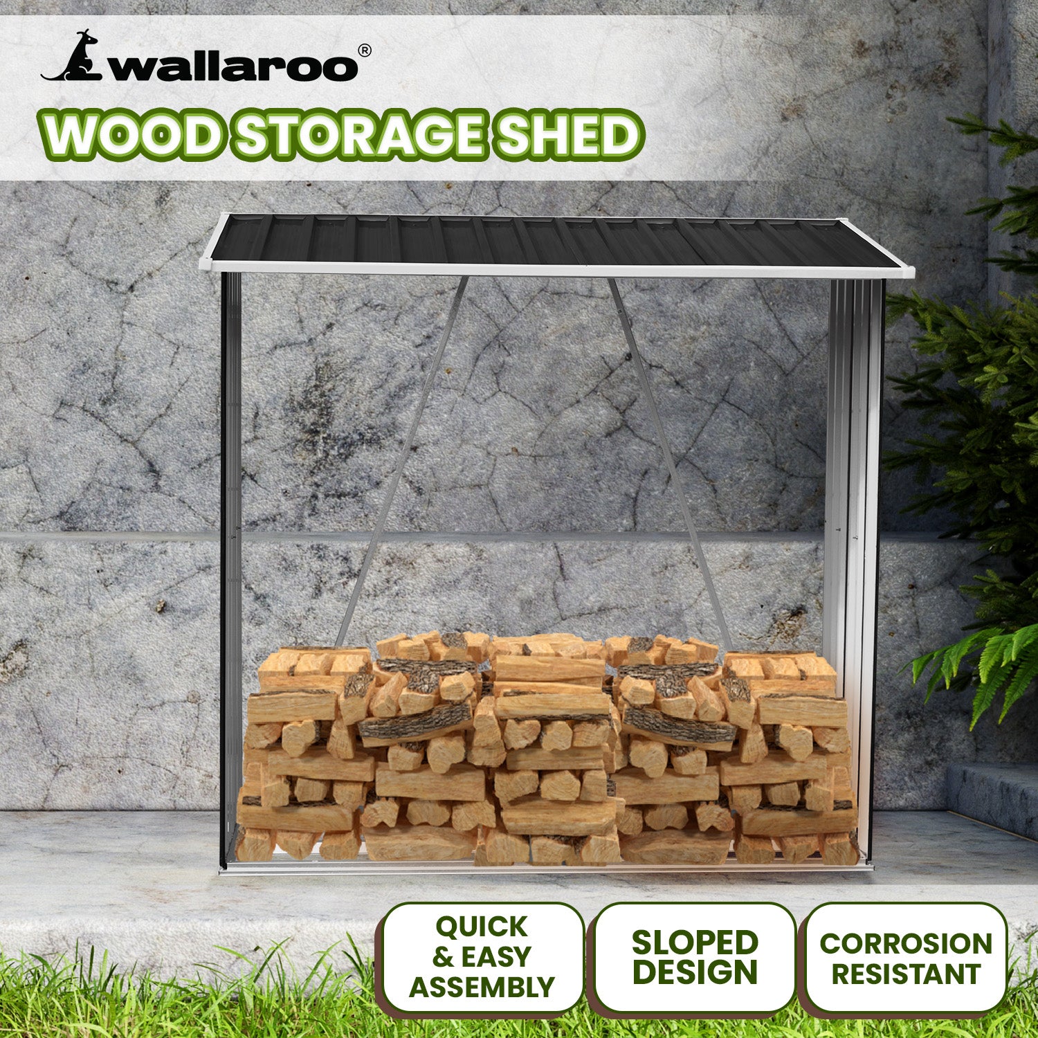 Galvanized Steel Wood Storage Shed, Sloped Roof - Wallaroo