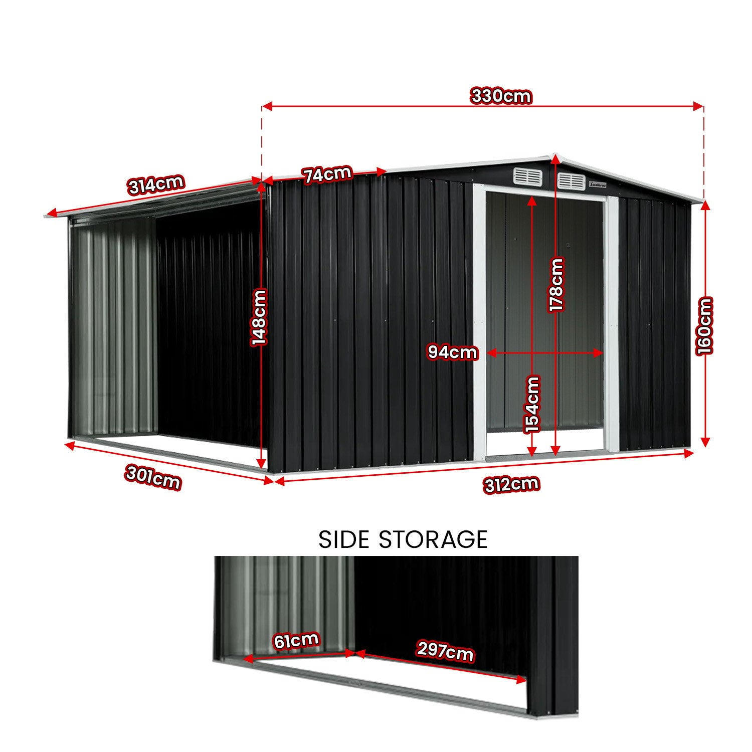 23 Gauge Steel Garden Shed with Ventilation 10x8 FT - Wallaroo