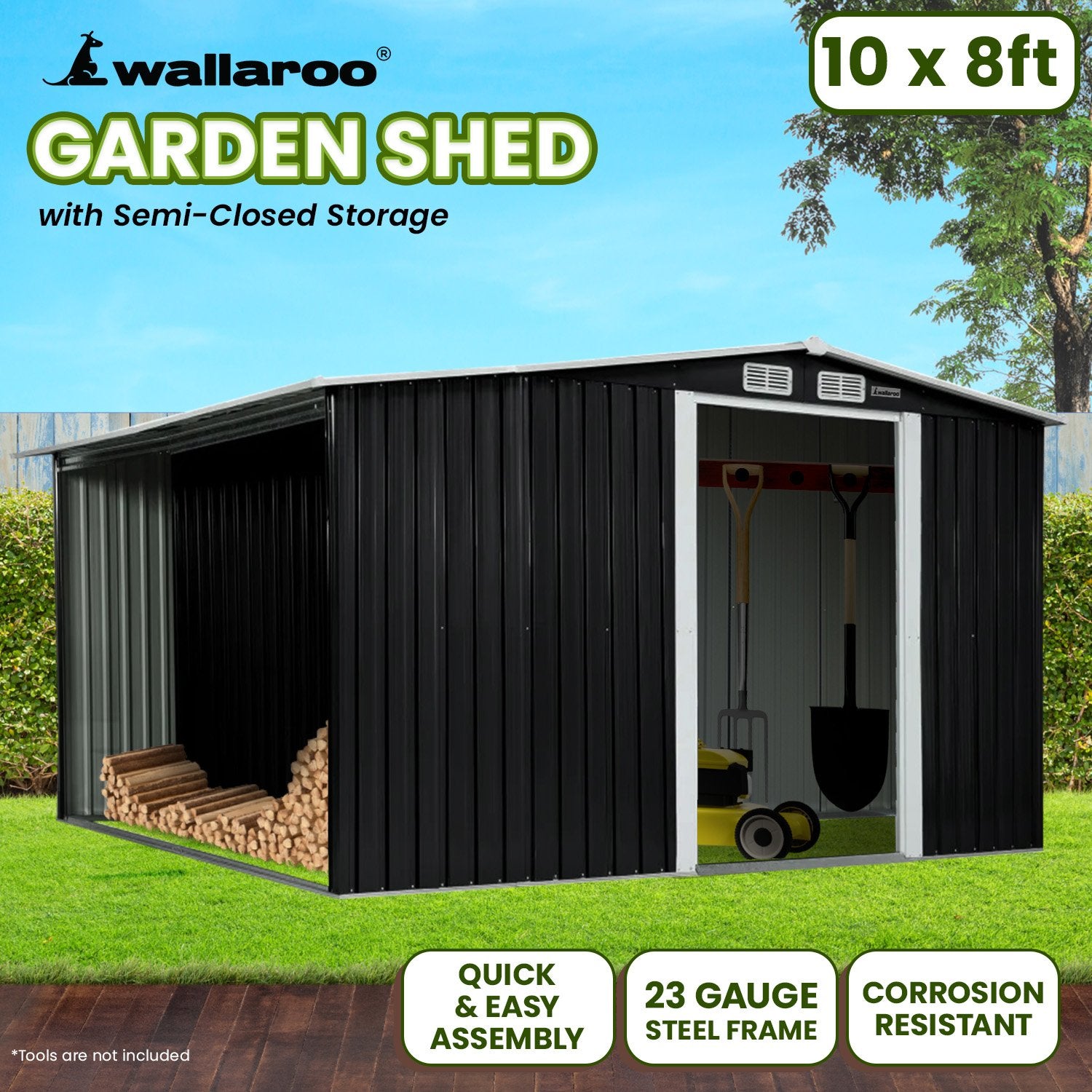 23 Gauge Steel Garden Shed with Ventilation 10x8 FT - Wallaroo