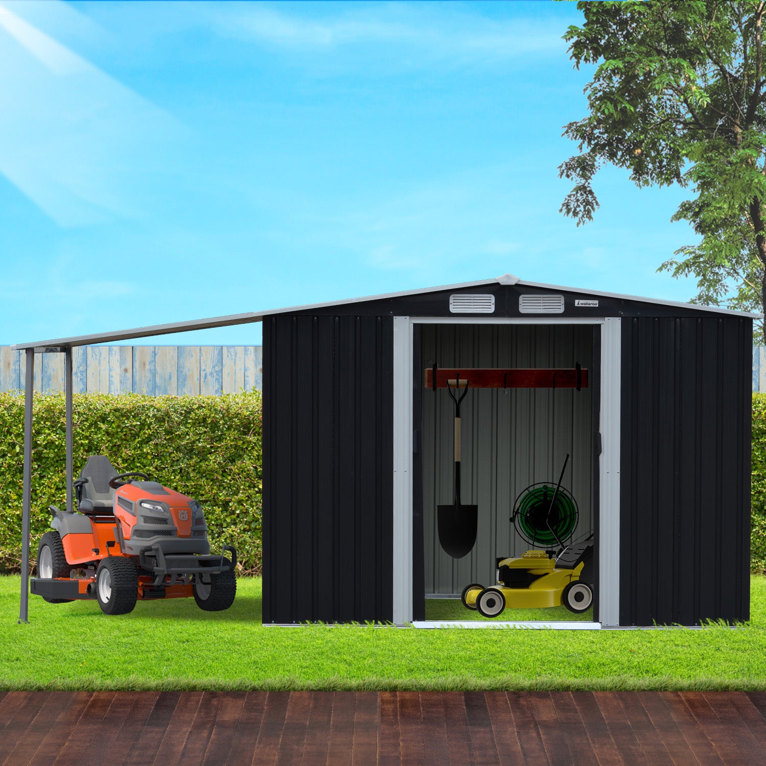 Durable Steel 8x8ft Garden Shed with Ventilation, Black