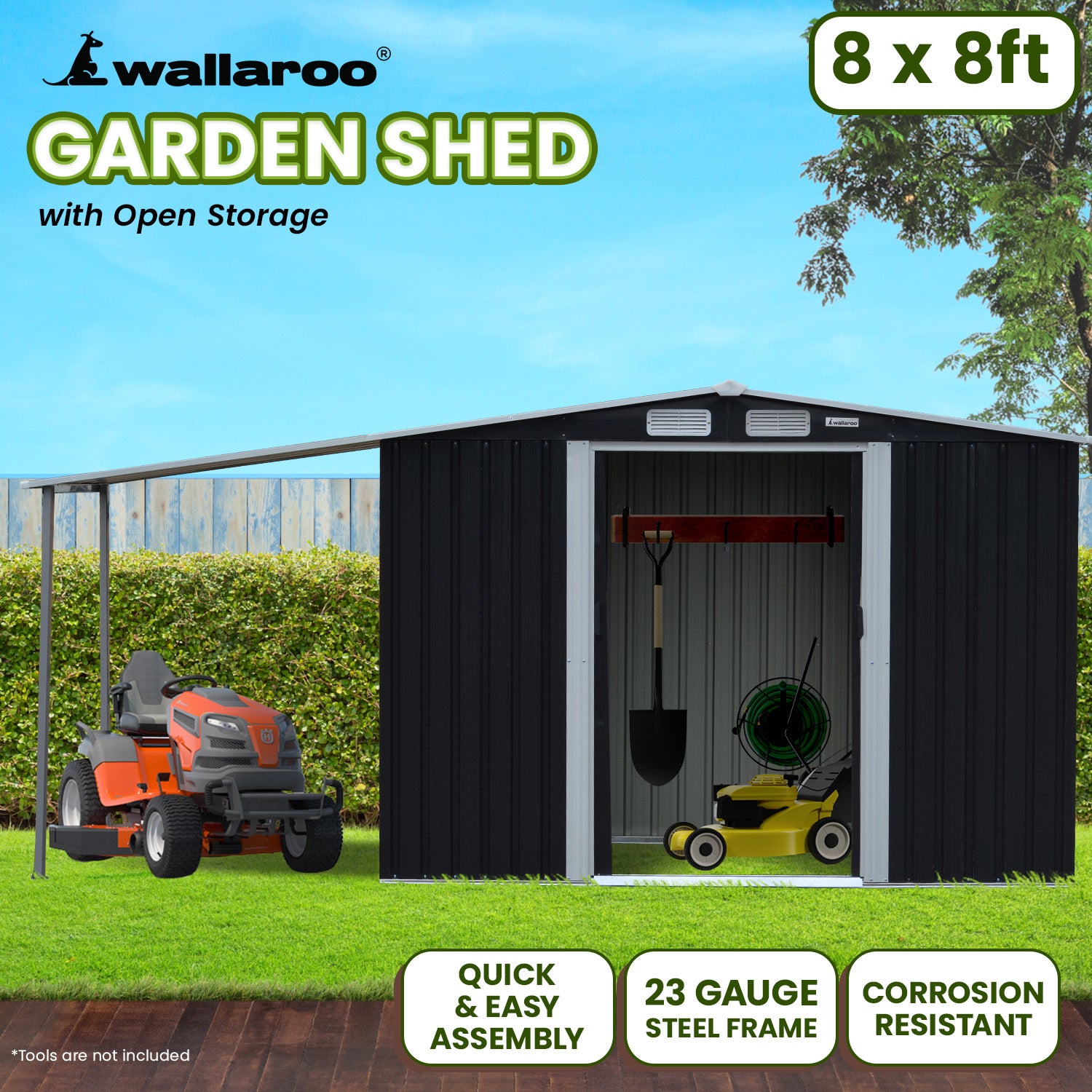 Durable Steel 8x8ft Garden Shed with Ventilation, Black