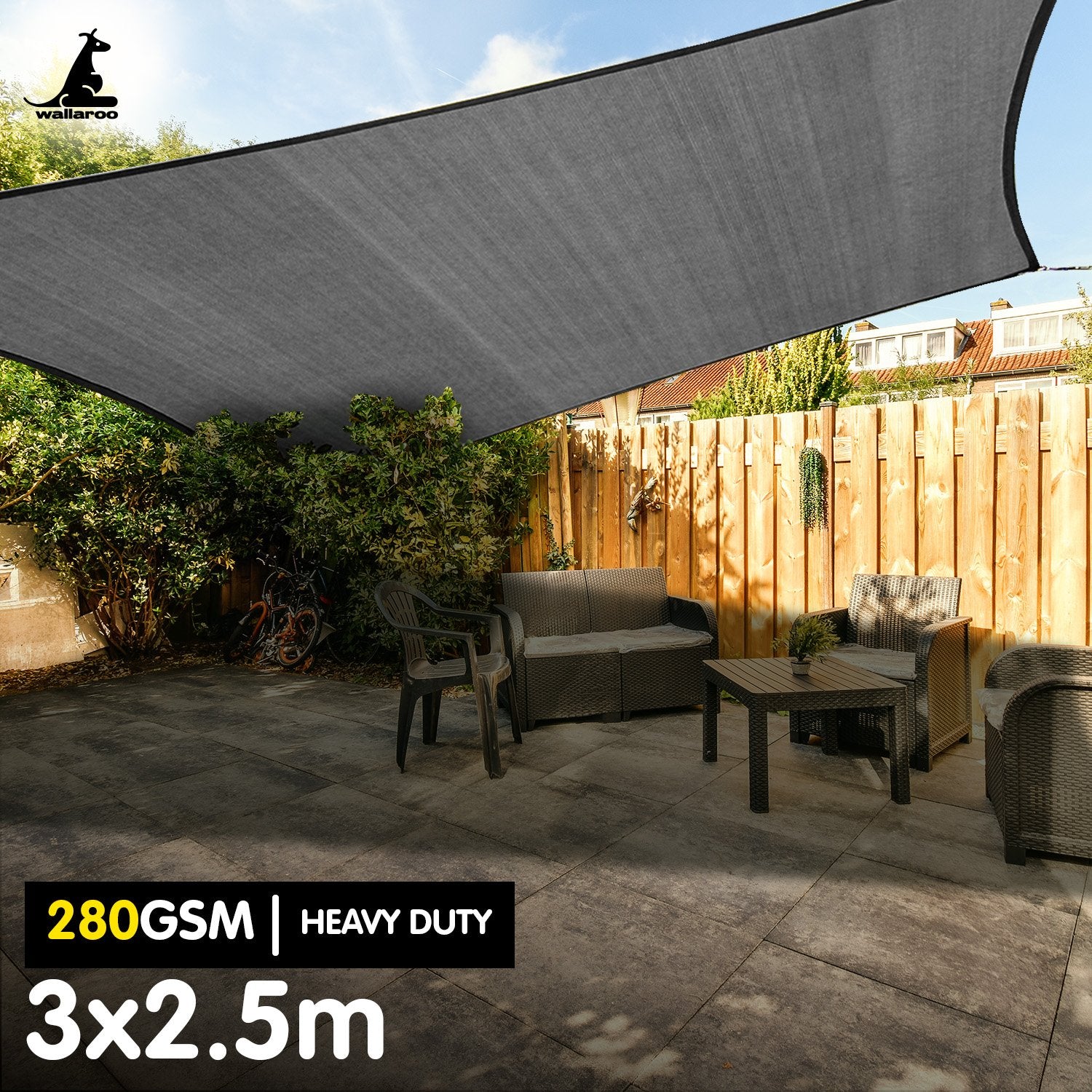 Wallaroo 3m x 2.5m Outdoor Sun Shade Sail Canopy Grey 280gsm