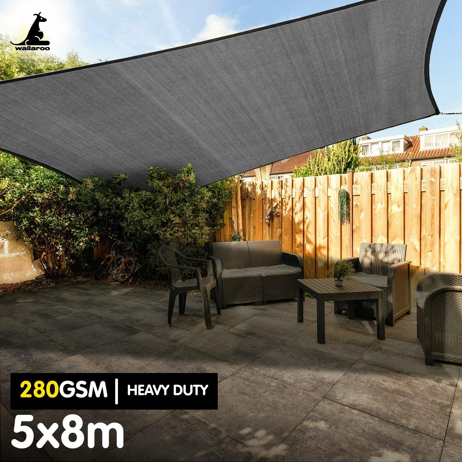 Wallaroo 5x8m Outdoor Sun Shade Sail Canopy 280gsm Grey