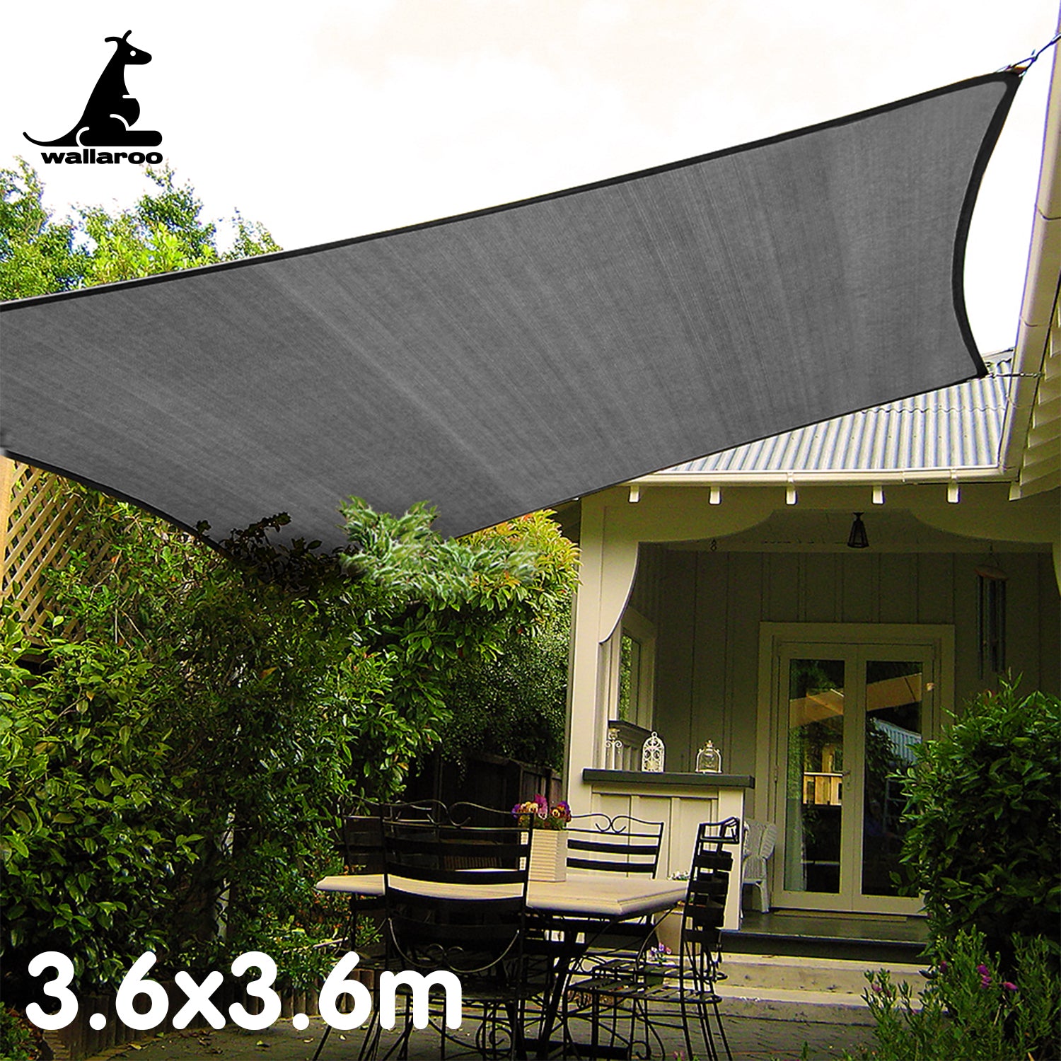 UV-Blocking Grey Sun Shade Sail Canopy 3.6x3.6m by Wallaroo