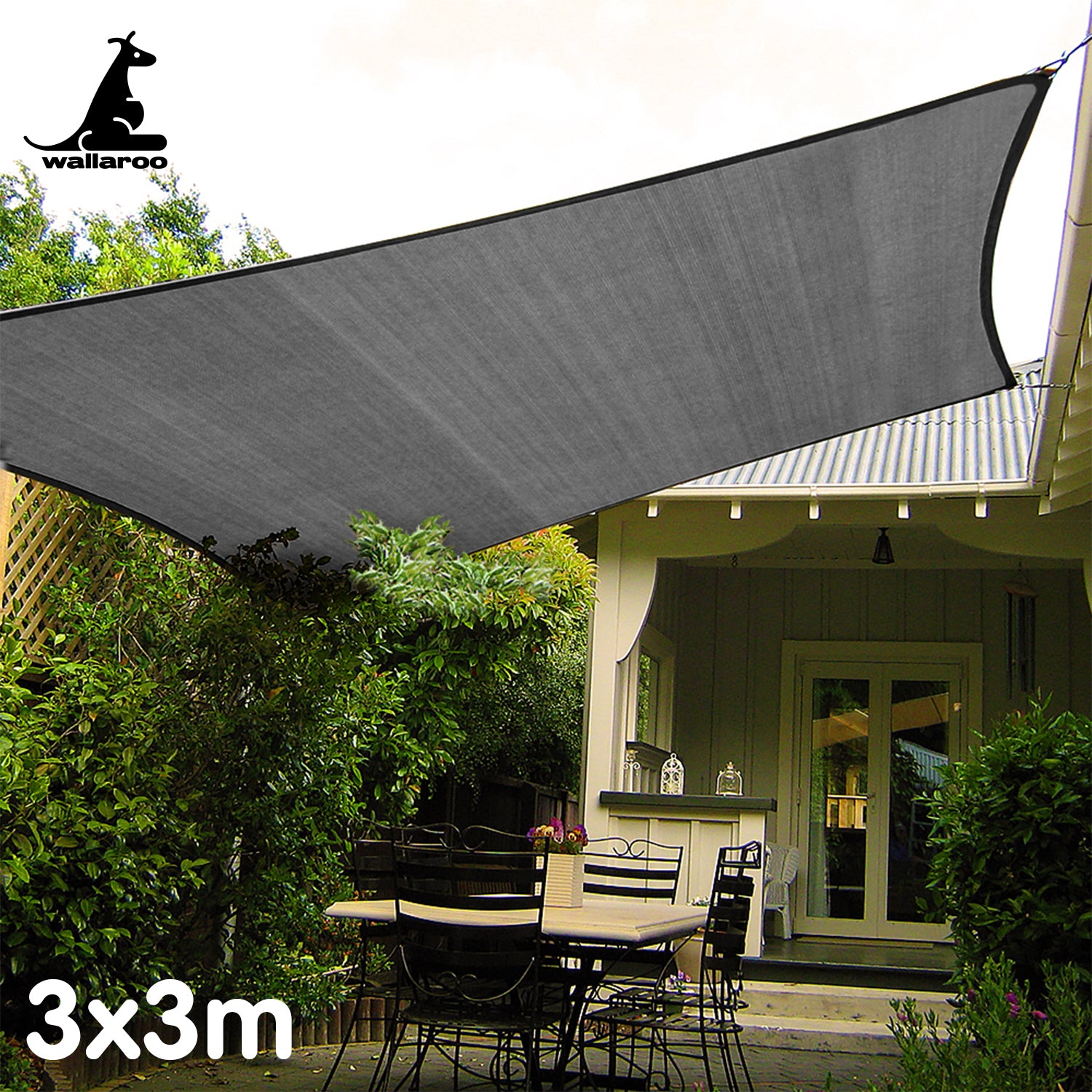 UV Blocking Sun Shade Sail, 3x3M Grey Canopy - Wallaroo