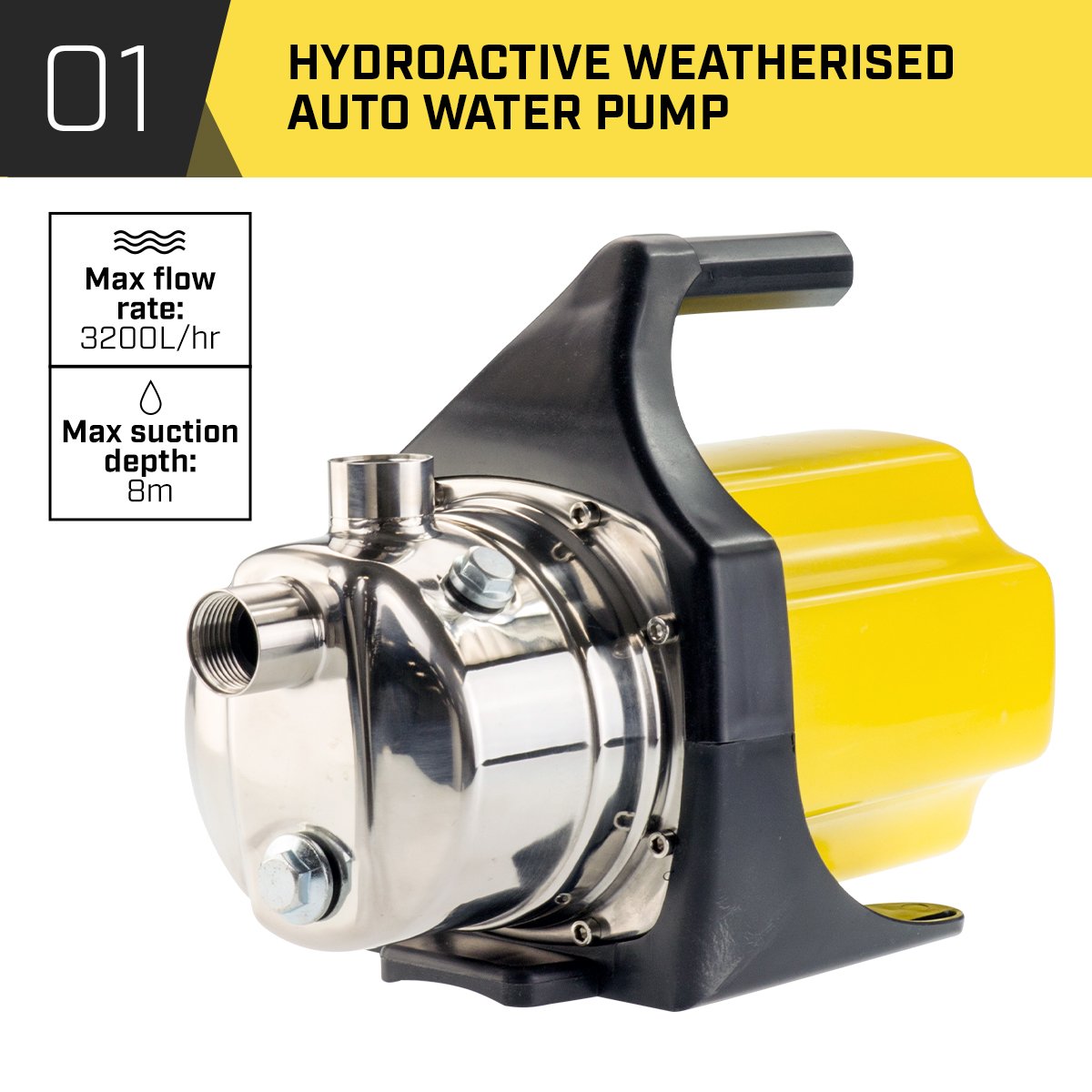 800W Outdoor Water Pump, 3200 L/h, Stainless Steel - HydroActive