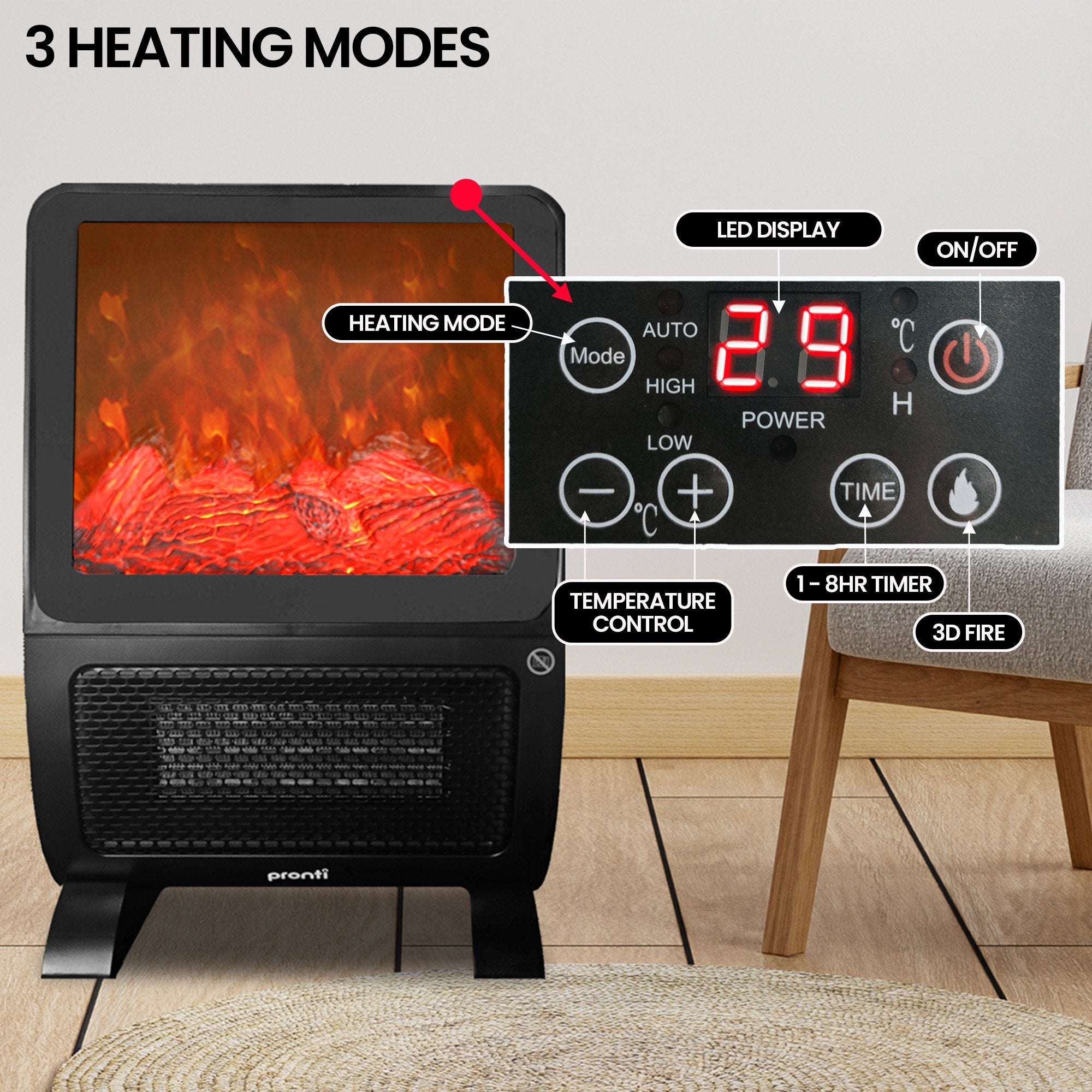 Pronti 2000W Portable 3D Fire Electric Heater UV Sterilisation