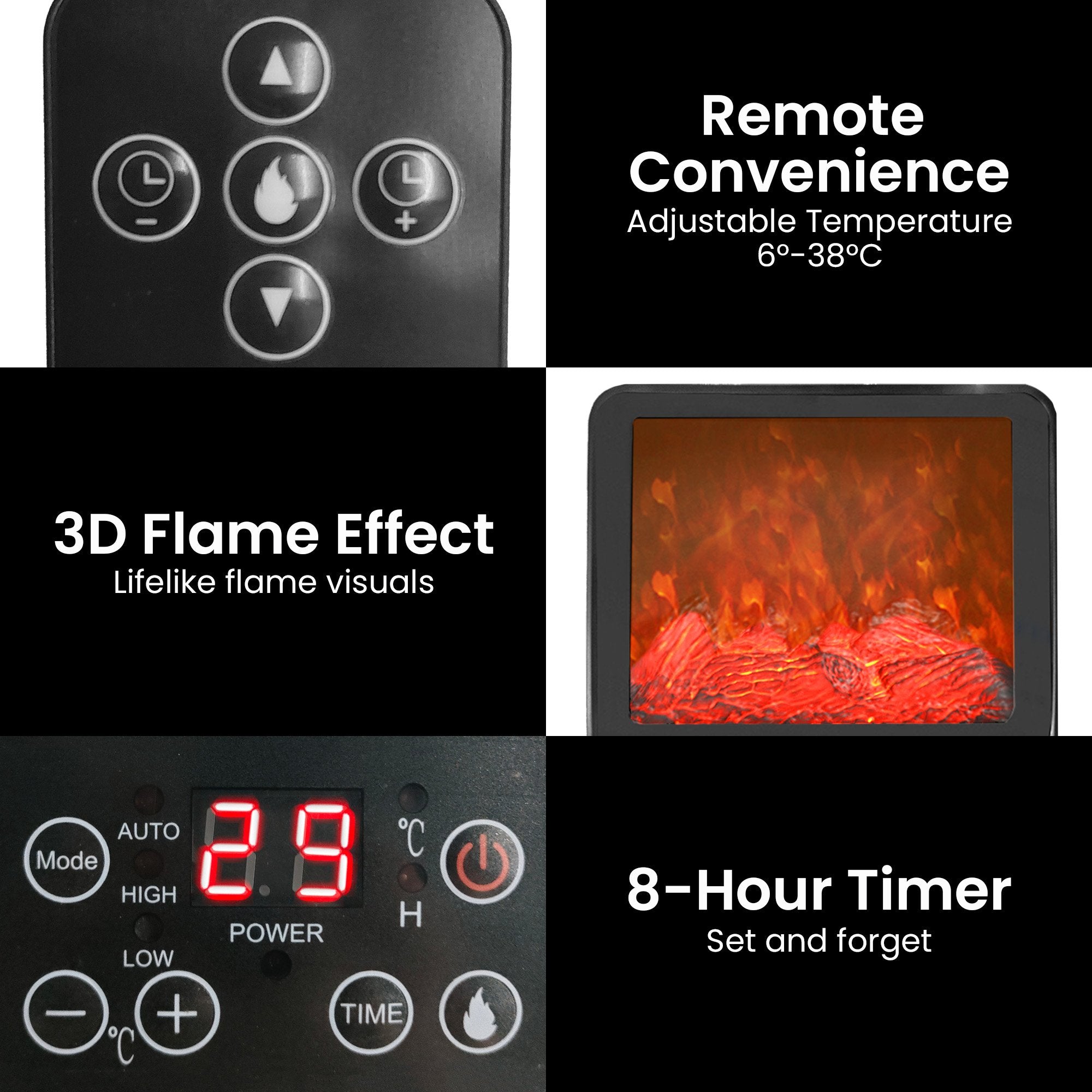 Pronti 2000W Portable 3D Fire Electric Heater UV Sterilisation