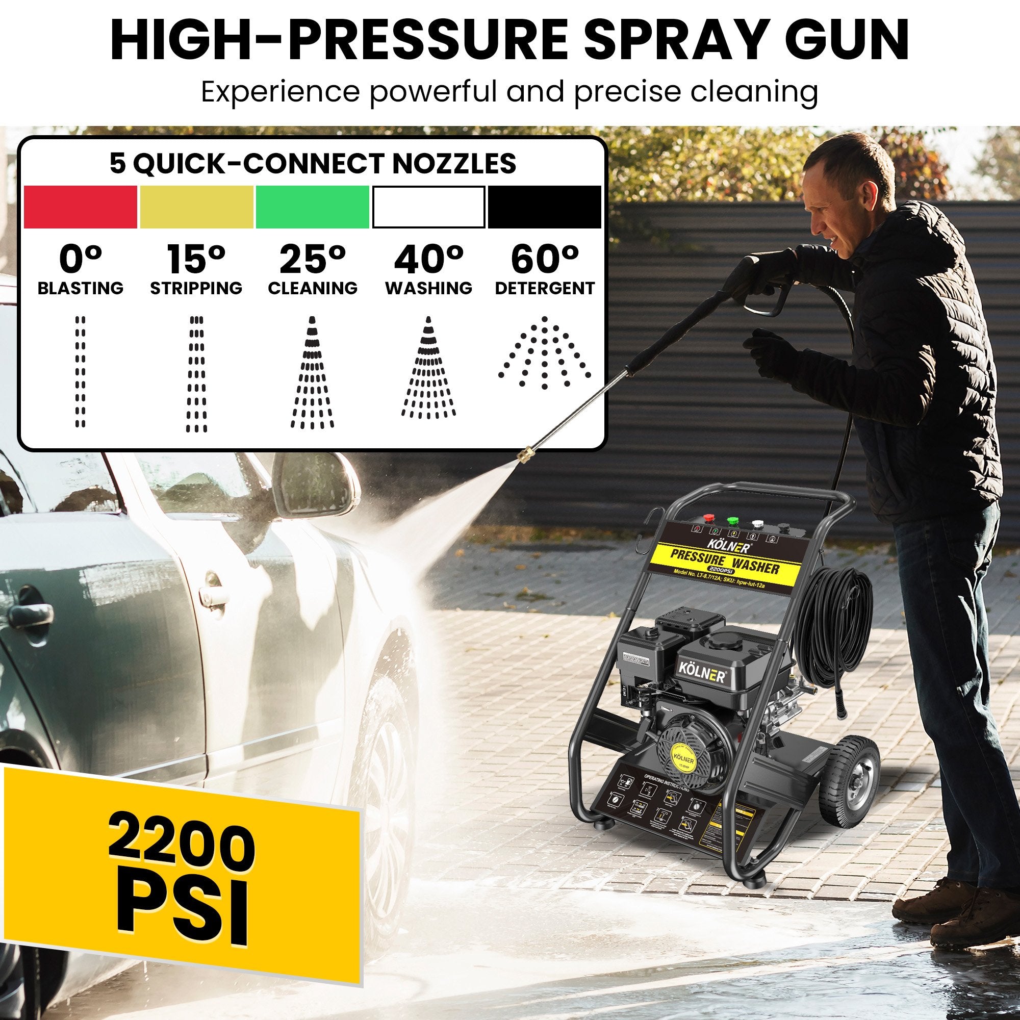 2200PSI 7HP Petrol High Pressure Washer with 3 Lances - Kolner