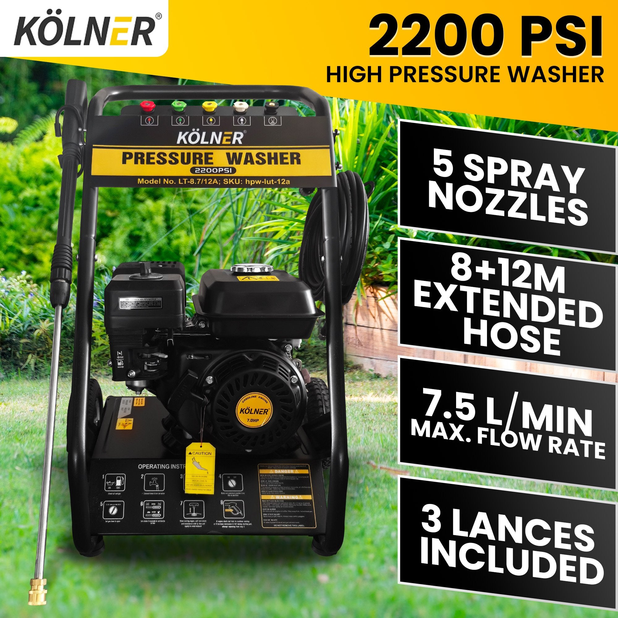 2200PSI 7HP Petrol High Pressure Washer with 3 Lances - Kolner