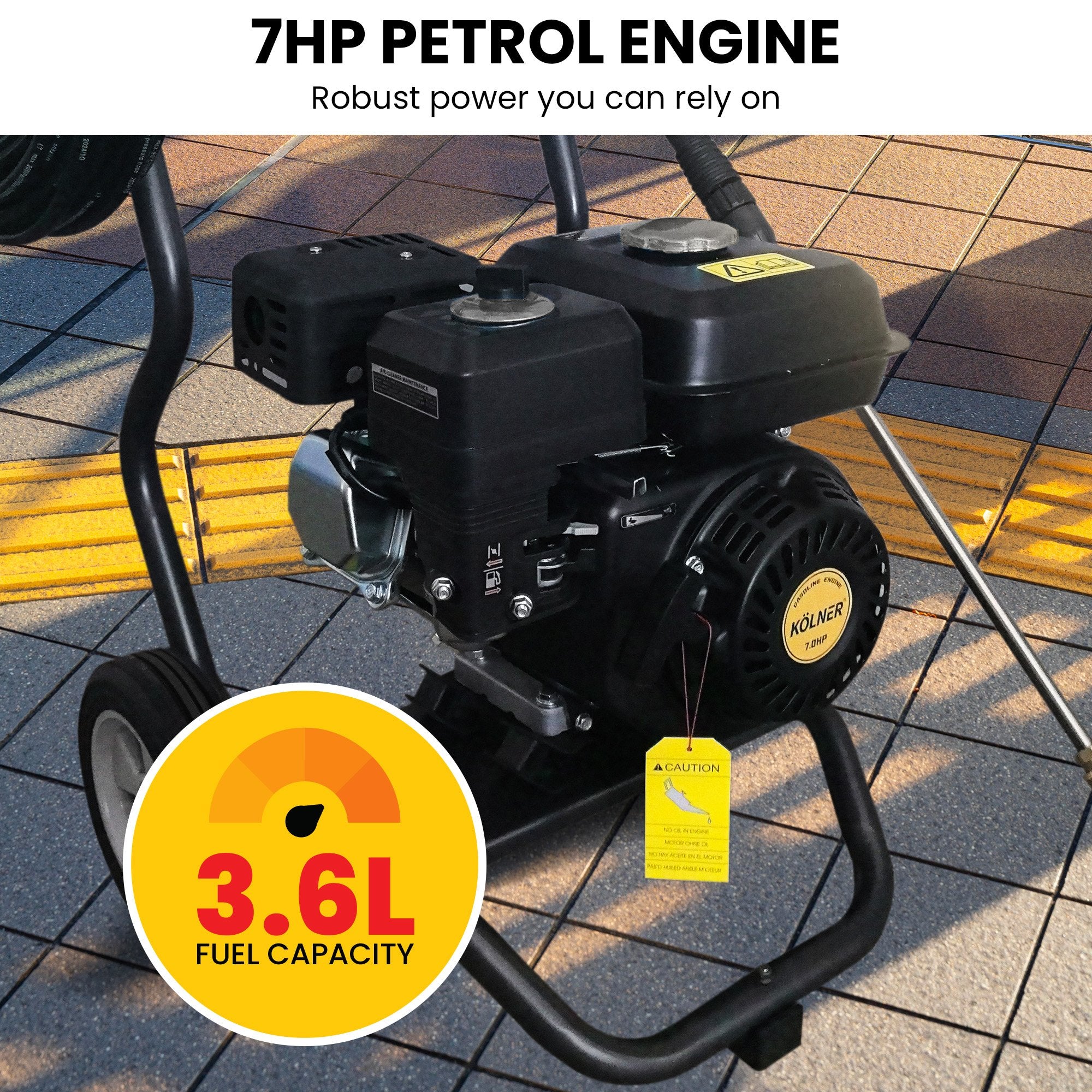 2200PSI Petrol Pressure Washer, 7HP, 20m Hose, 5 Nozzles - Kolner