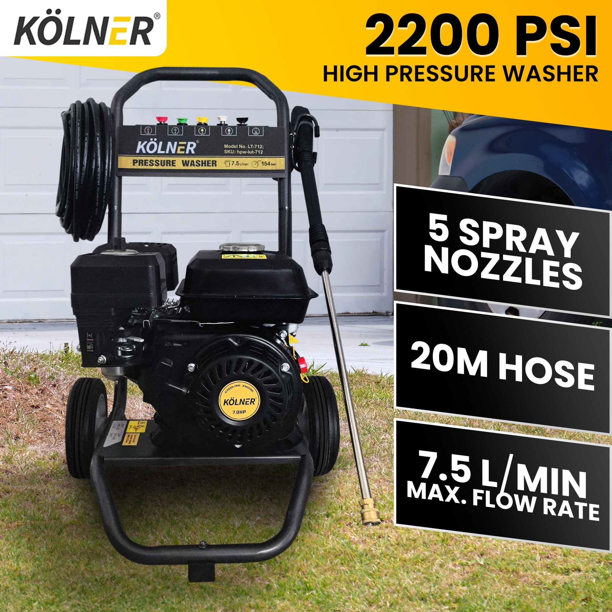 2200PSI Petrol Pressure Washer, 7HP, 20m Hose, 5 Nozzles - Kolner