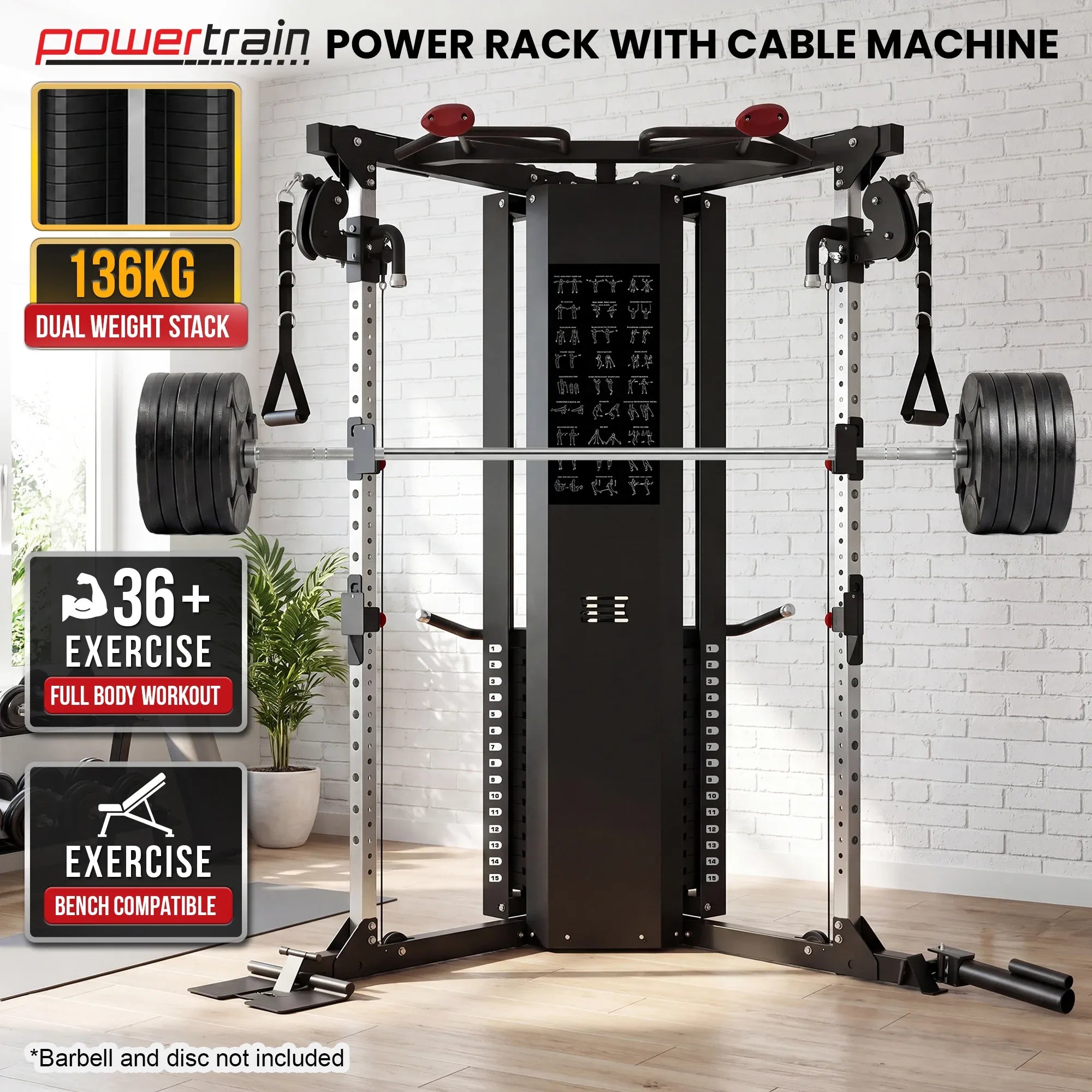 Powertrain Home Gym Station Functional Trainer Power Rack 136kg Weight Stack