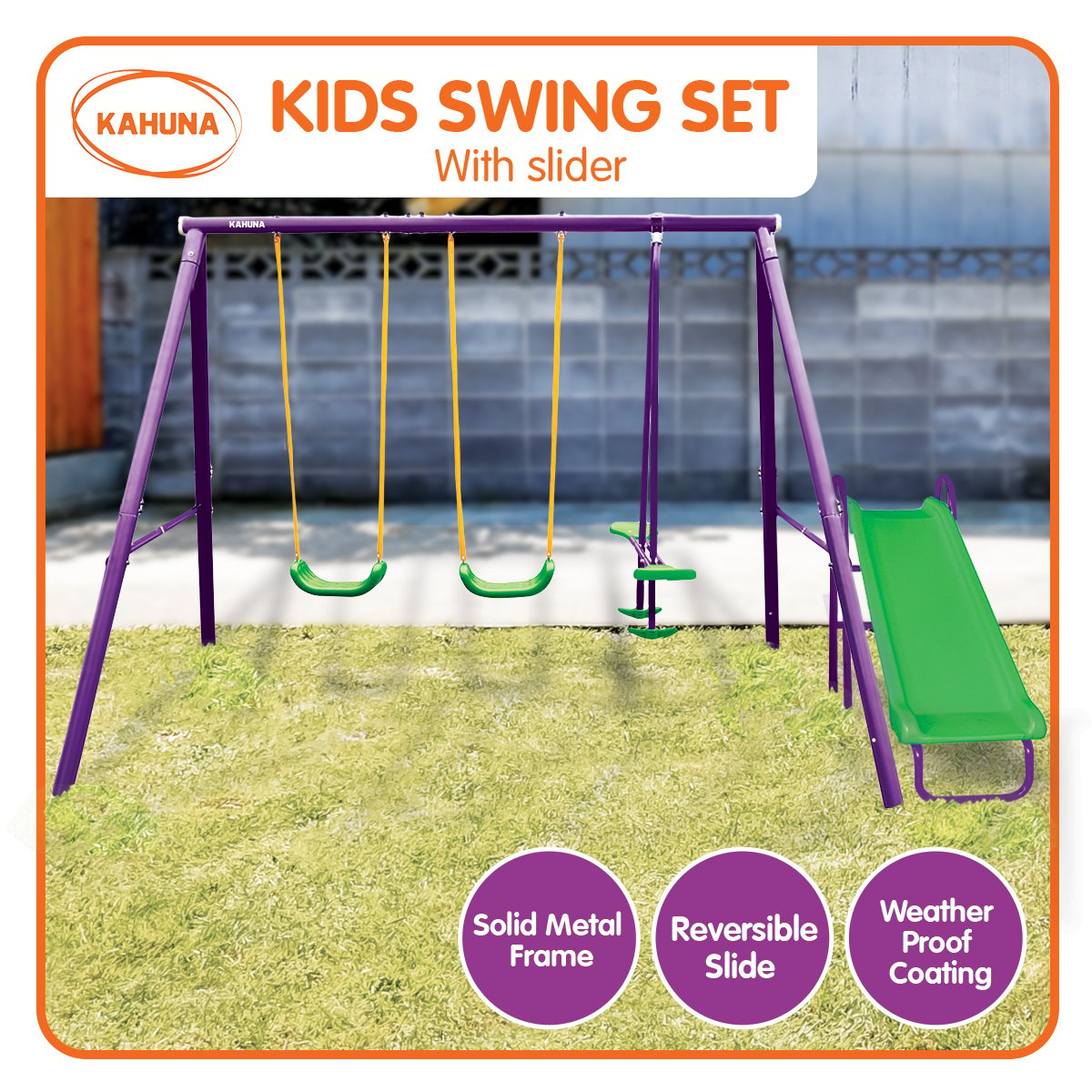 Vibrant 4-Seater Swing Set with Slide for Kids Aged 3-8, Kahuna