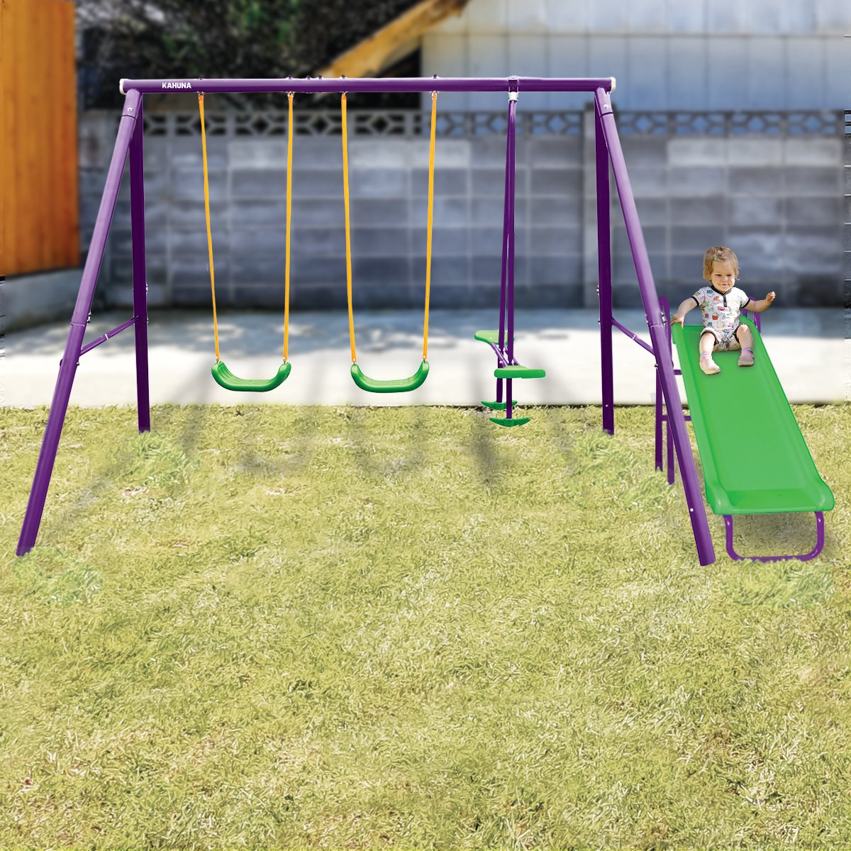 Vibrant 4-Seater Swing Set with Slide for Kids Aged 3-8, Kahuna