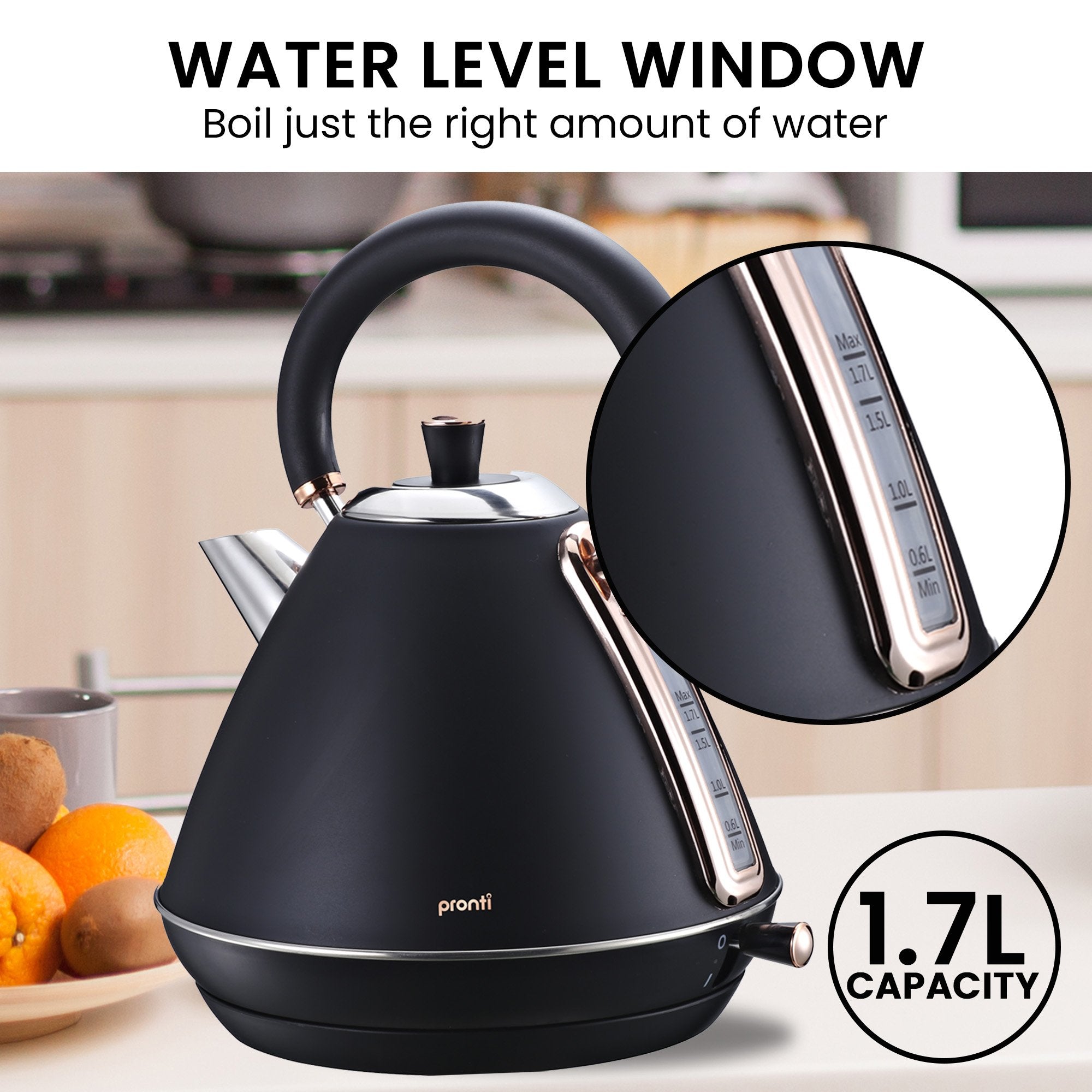 Pronti Breakfast Set with Rose Gold Kettle & Toaster with 1.2L Espresso Machine - Black