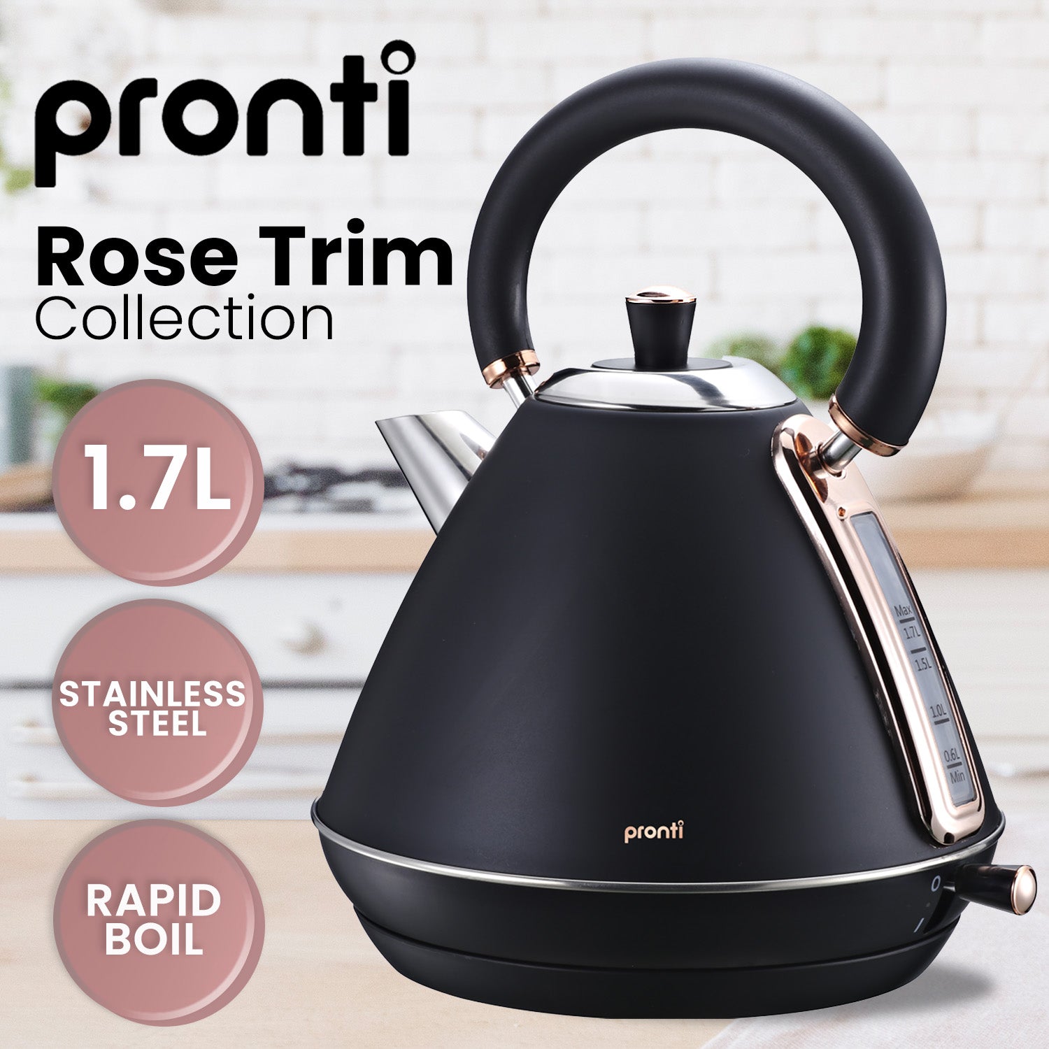 1.7L Rapid Boil Stainless Steel Kettle, Rose Trim - Pronti