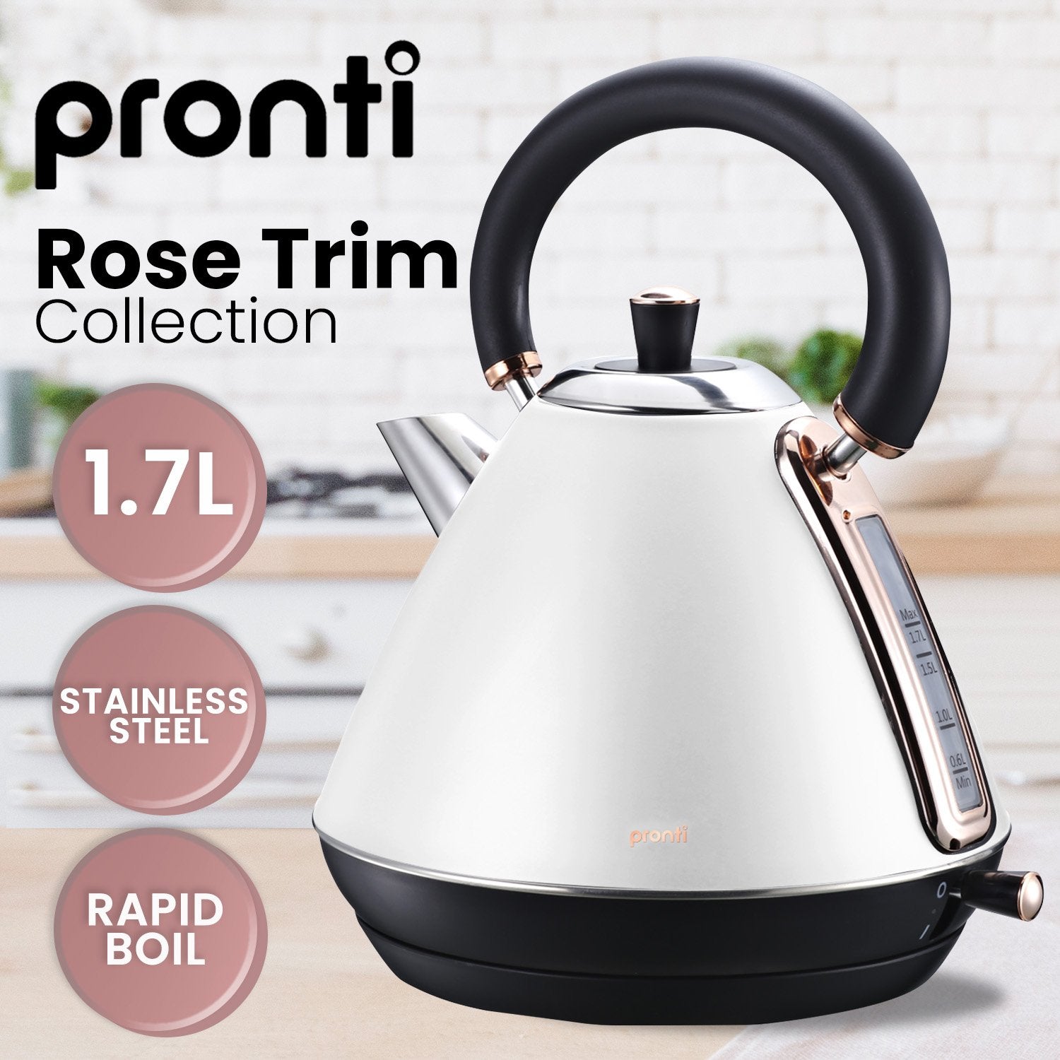 1.7L Stainless Steel Kettle w/ Rose Gold Trim - Pronti