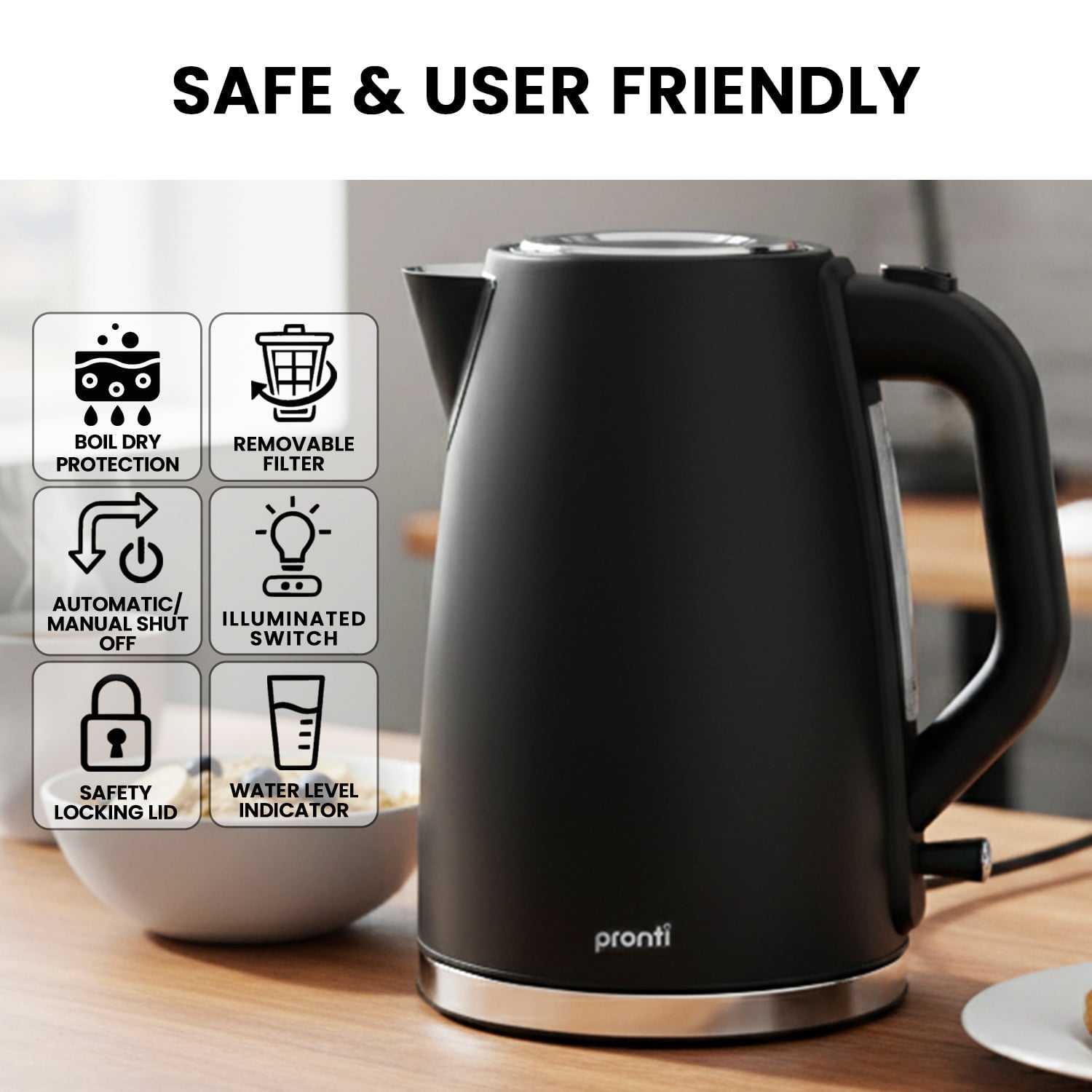 Pronti Silver Noir Collection 1.7L Electric Kettle