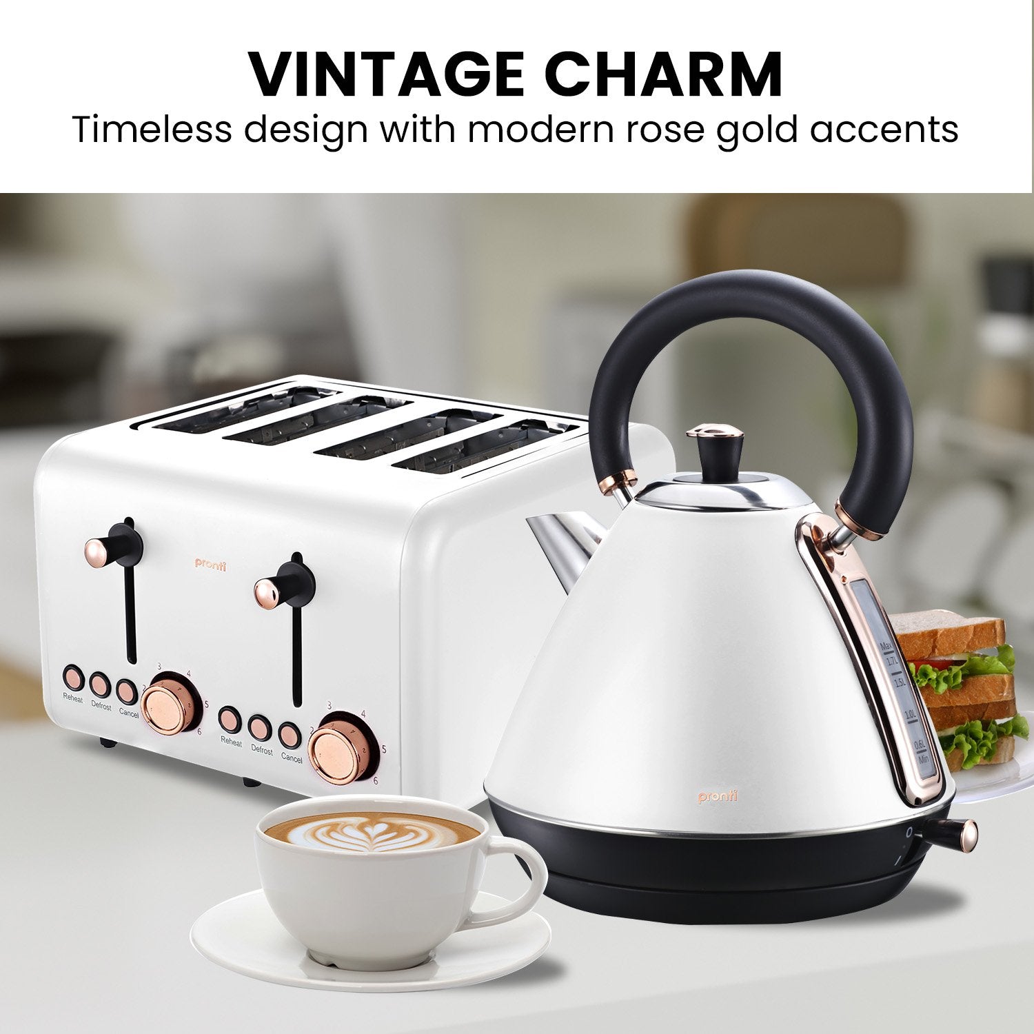 Rose Gold Trim Kettle & 4-Slice Toaster, Fast Boil - Pronti