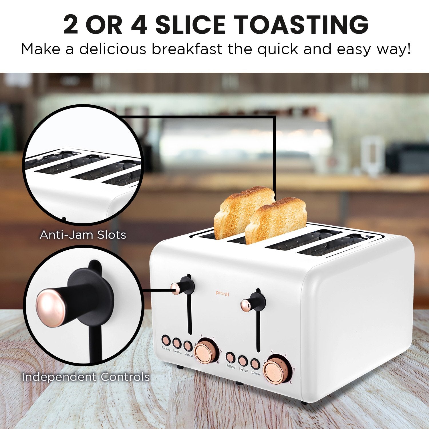 Rose Gold Trim Kettle & 4-Slice Toaster, Fast Boil - Pronti