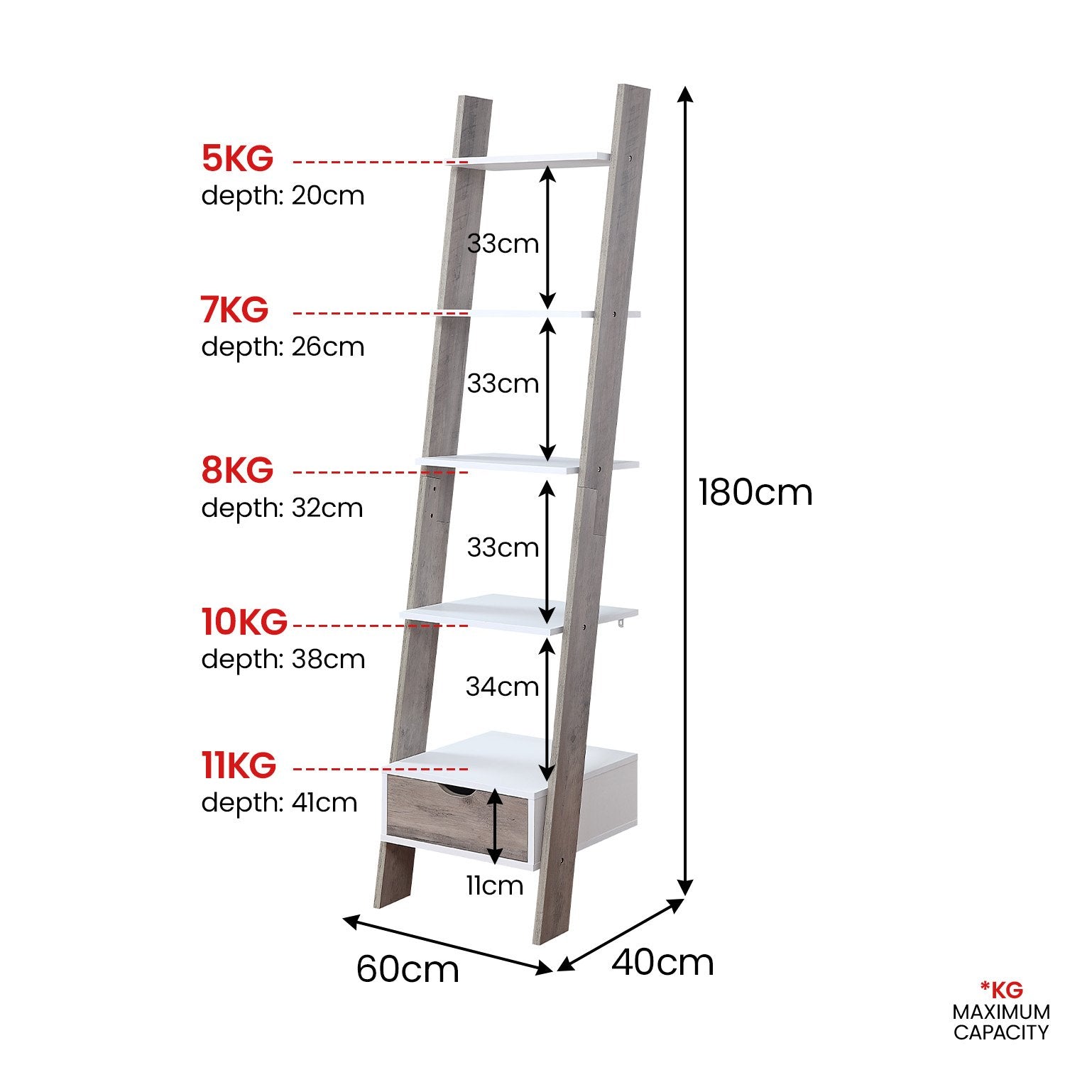 Mira 5-Tier Ladder Shelf Grey Oak with Drawer