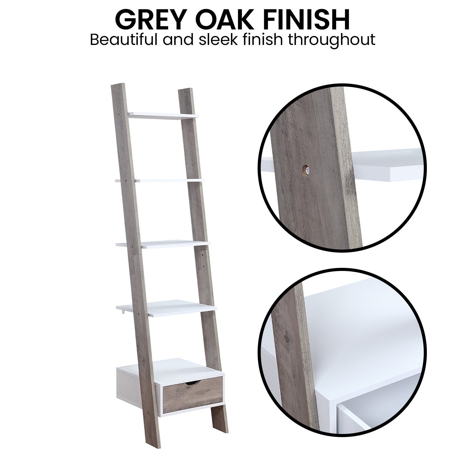 Mira 5-Tier Ladder Shelf Grey Oak with Drawer
