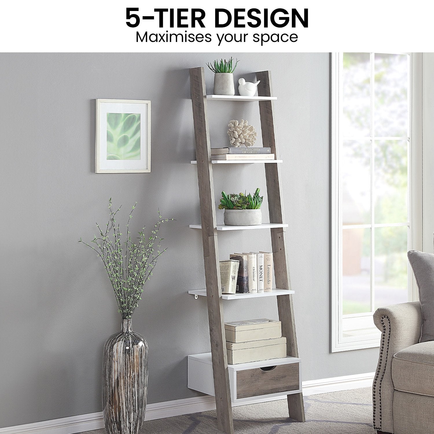 Mira 5-Tier Ladder Shelf Grey Oak with Drawer