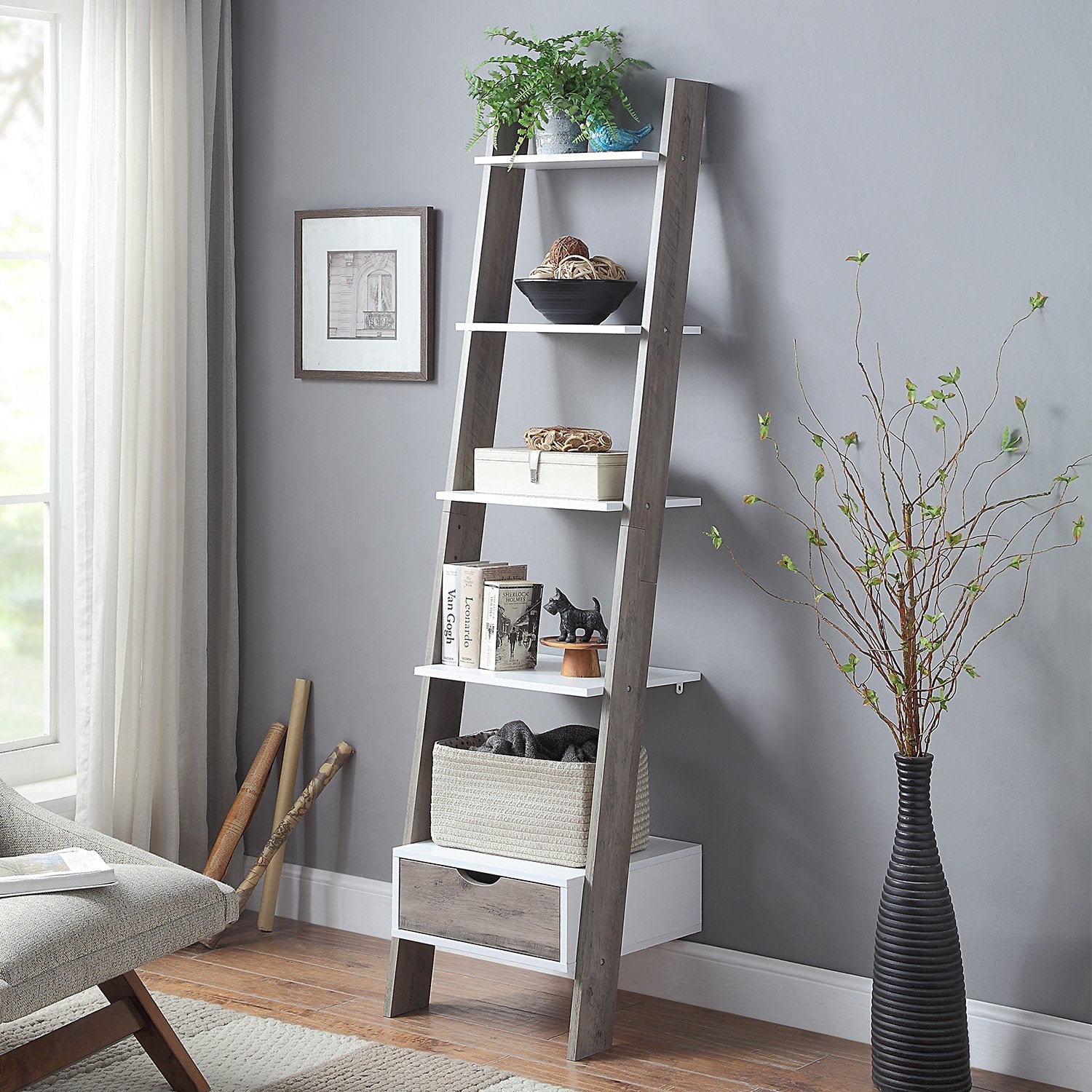 Mira 5-Tier Ladder Shelf Grey Oak with Drawer