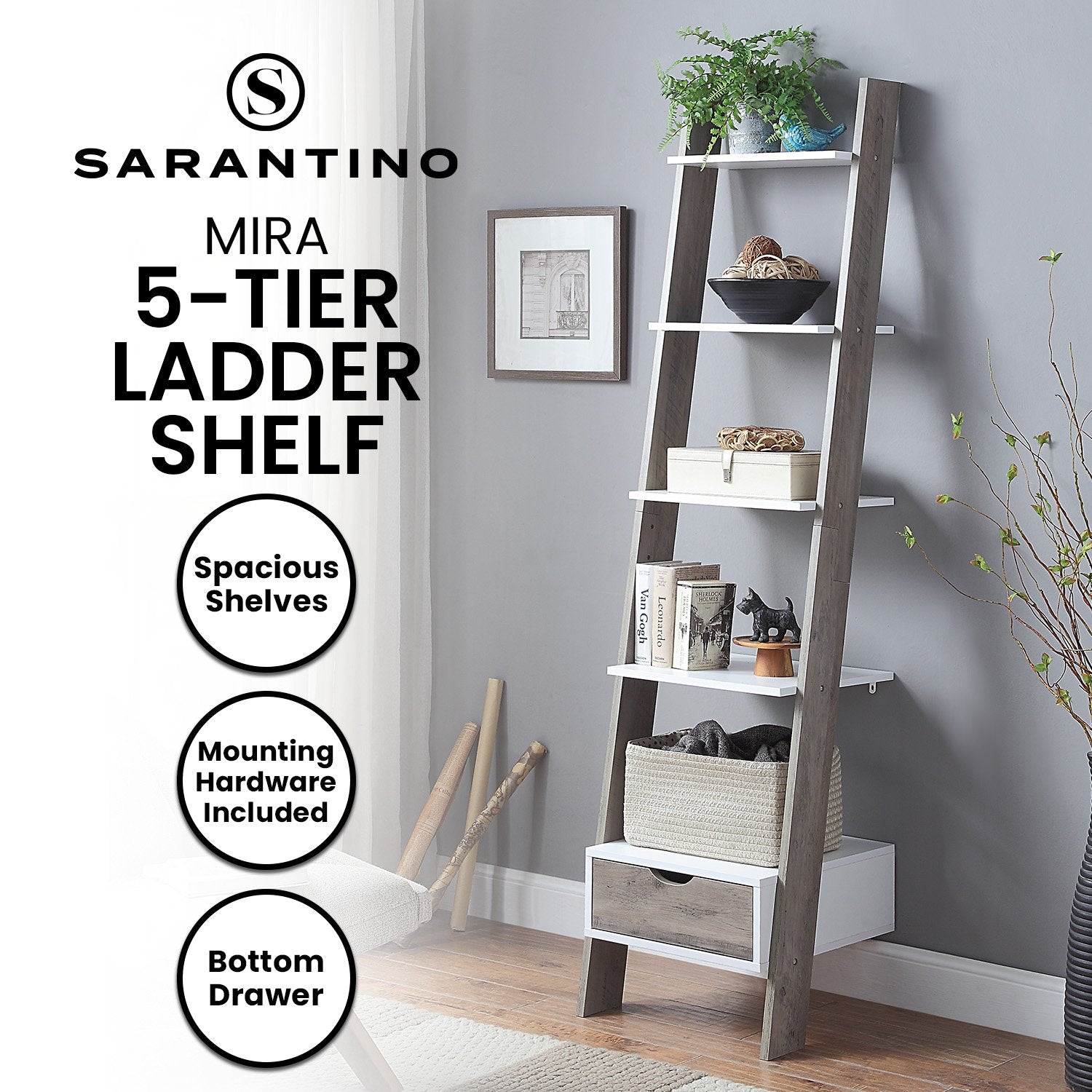 Mira 5-Tier Ladder Shelf Grey Oak with Drawer