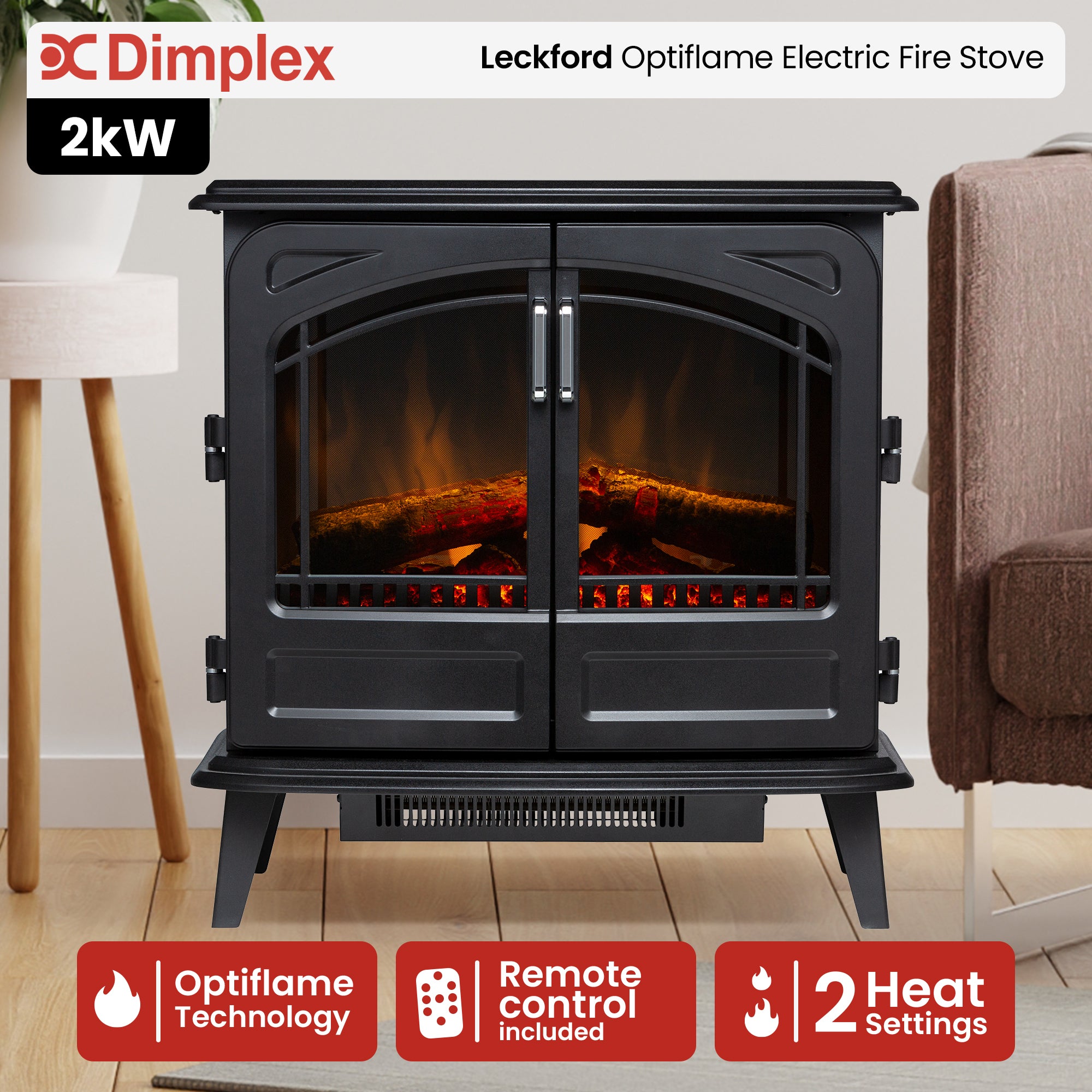 Dimplex Leckford Optiflame Electric Fire Stove - 2kW